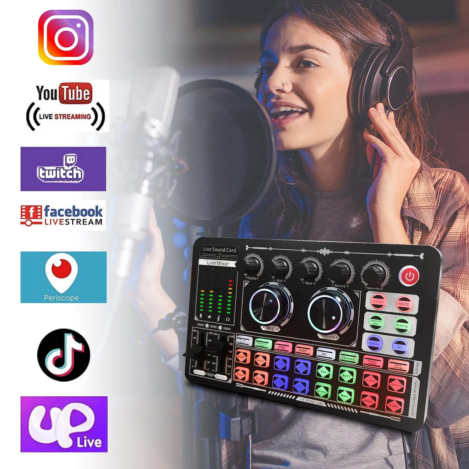 Podcast Sound Board - Music Sound Mixer with Effects, Audio Interface for PC Mac iPhone Android, Sound Card for Streaming Recording, DJ Mixer for Beginners (F999 Plus with More Cables) F999 Plus - Image 3