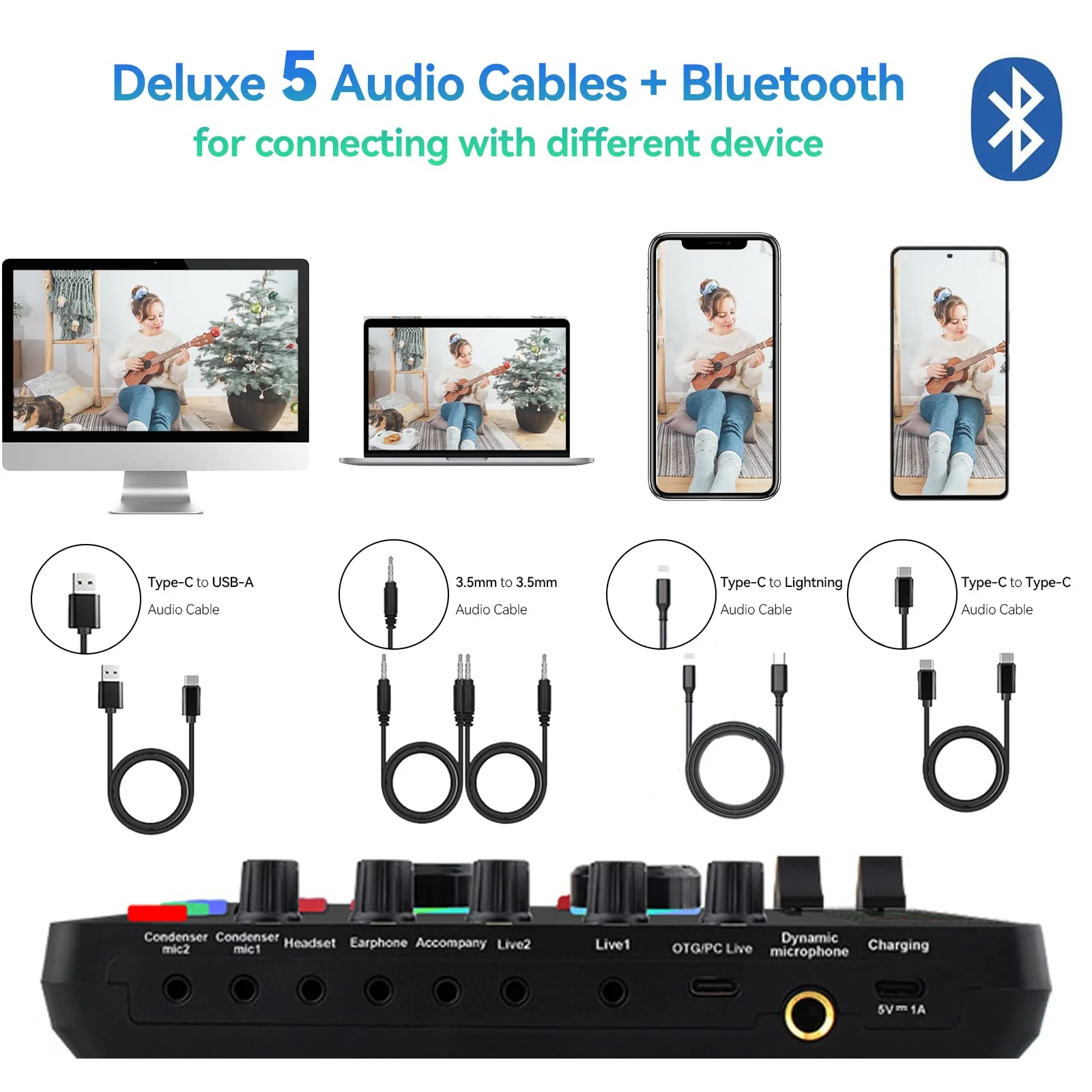 Podcast Sound Board - Music Sound Mixer with Effects, Audio Interface for PC Mac iPhone Android, Sound Card for Streaming Recording, DJ Mixer for Beginners (F999 Plus with More Cables) F999 Plus - Image 5