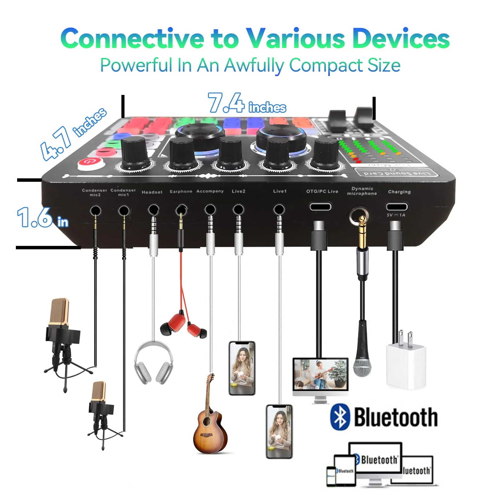 Podcast Sound Board - Music Sound Mixer with Effects, Audio Interface for PC Mac iPhone Android, Sound Card for Streaming Recording, DJ Mixer for Beginners (F999 Plus with More Cables) F999 Plus - Image 6