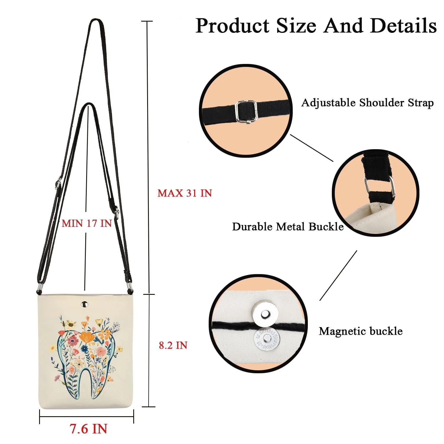 POFULL Teeth Corssbody Bag Dental Hygiene Gift Dental Gift DA Appreciation Gift Dental Assistant Messenger Bag Teeth Flower - Image 2
