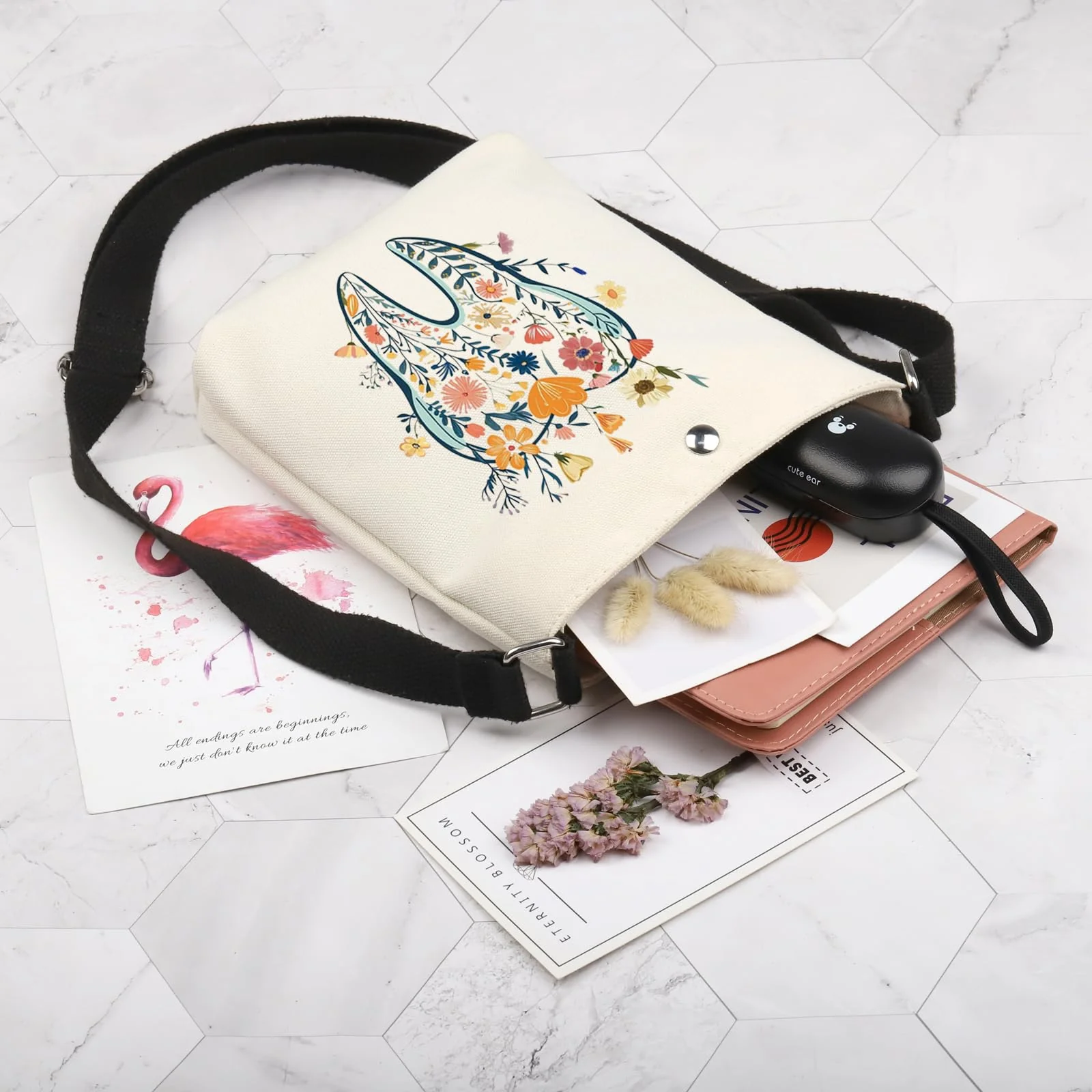 POFULL Teeth Corssbody Bag Dental Hygiene Gift Dental Gift DA Appreciation Gift Dental Assistant Messenger Bag Teeth Flower - Image 3