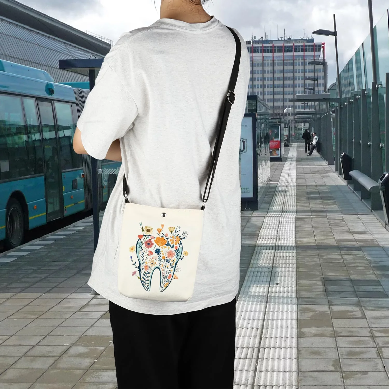 POFULL Teeth Corssbody Bag Dental Hygiene Gift Dental Gift DA Appreciation Gift Dental Assistant Messenger Bag Teeth Flower - Image 5