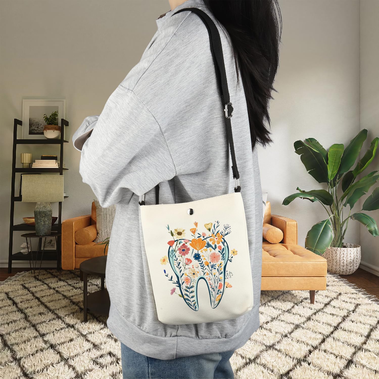 POFULL Teeth Corssbody Bag Dental Hygiene Gift Dental Gift DA Appreciation Gift Dental Assistant Messenger Bag Teeth Flower - Image 6