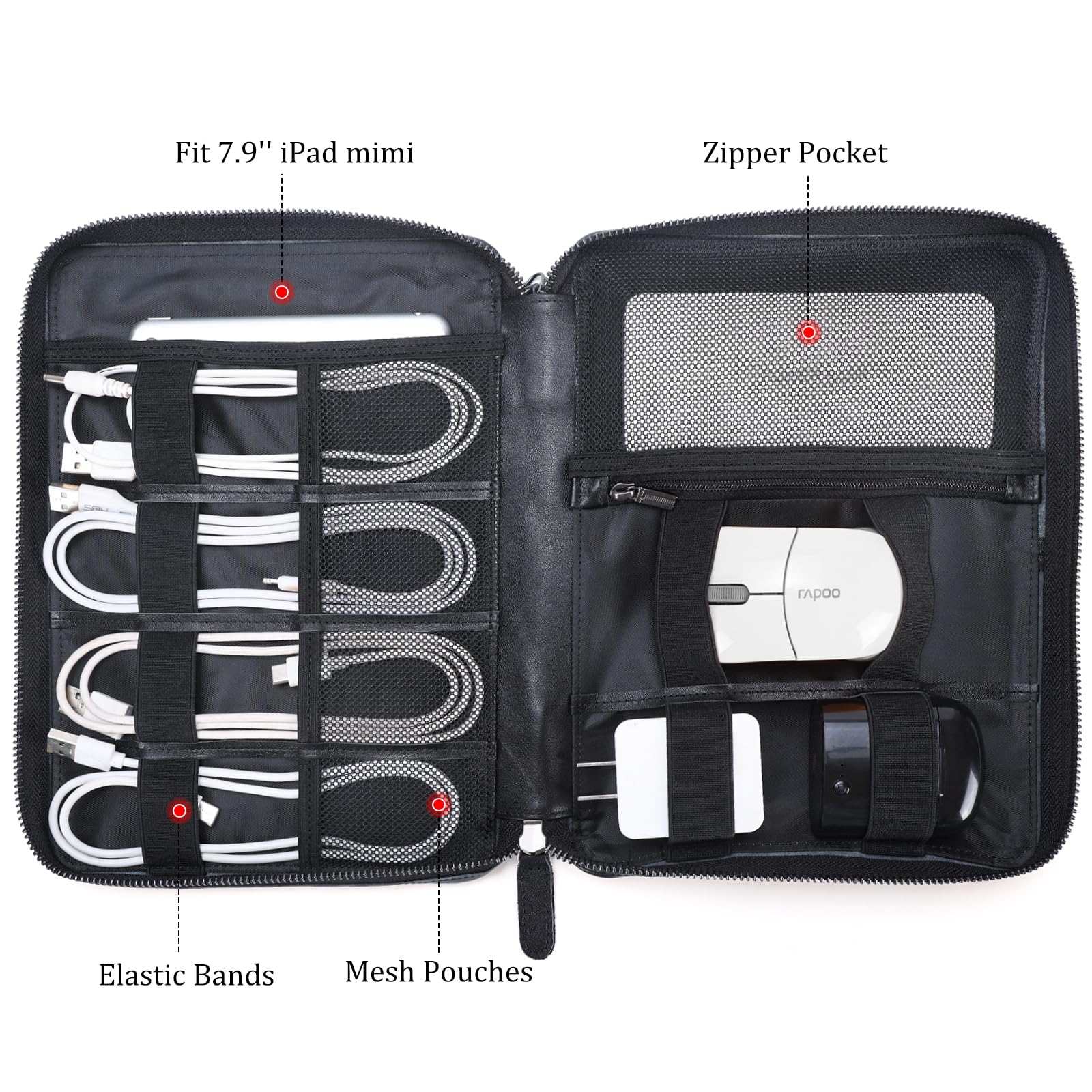 Polare Full Grain Leather Travel Cable Organizer Case Electronics Accessories Carry Bag with YKK Zippers Tech Storage Bag for Cables, Power Bank, USB, SD Card, Travel Essentials Black - Image 3