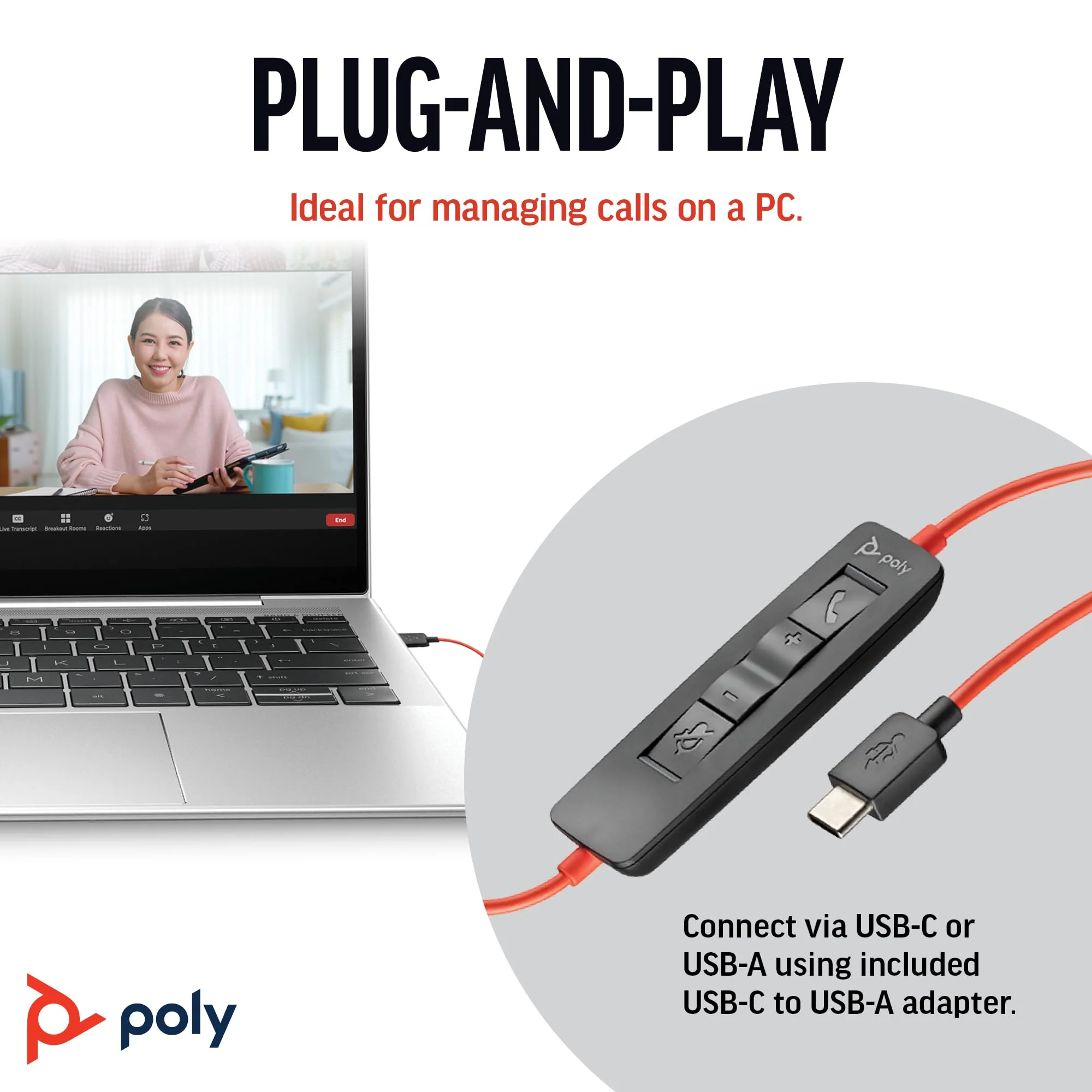 Poly Blackwire 3220 Wired Headset with Mic, Hi-Fi Stereo Sound, Noise-Canceling Mic, Stereo Design, Connect to PC via USB-C & USB-A Adapter, Over-Ear Design, Works with Virtual Meeting Platforms One size 2023 Version (USB-C & USB-A) - Image 4