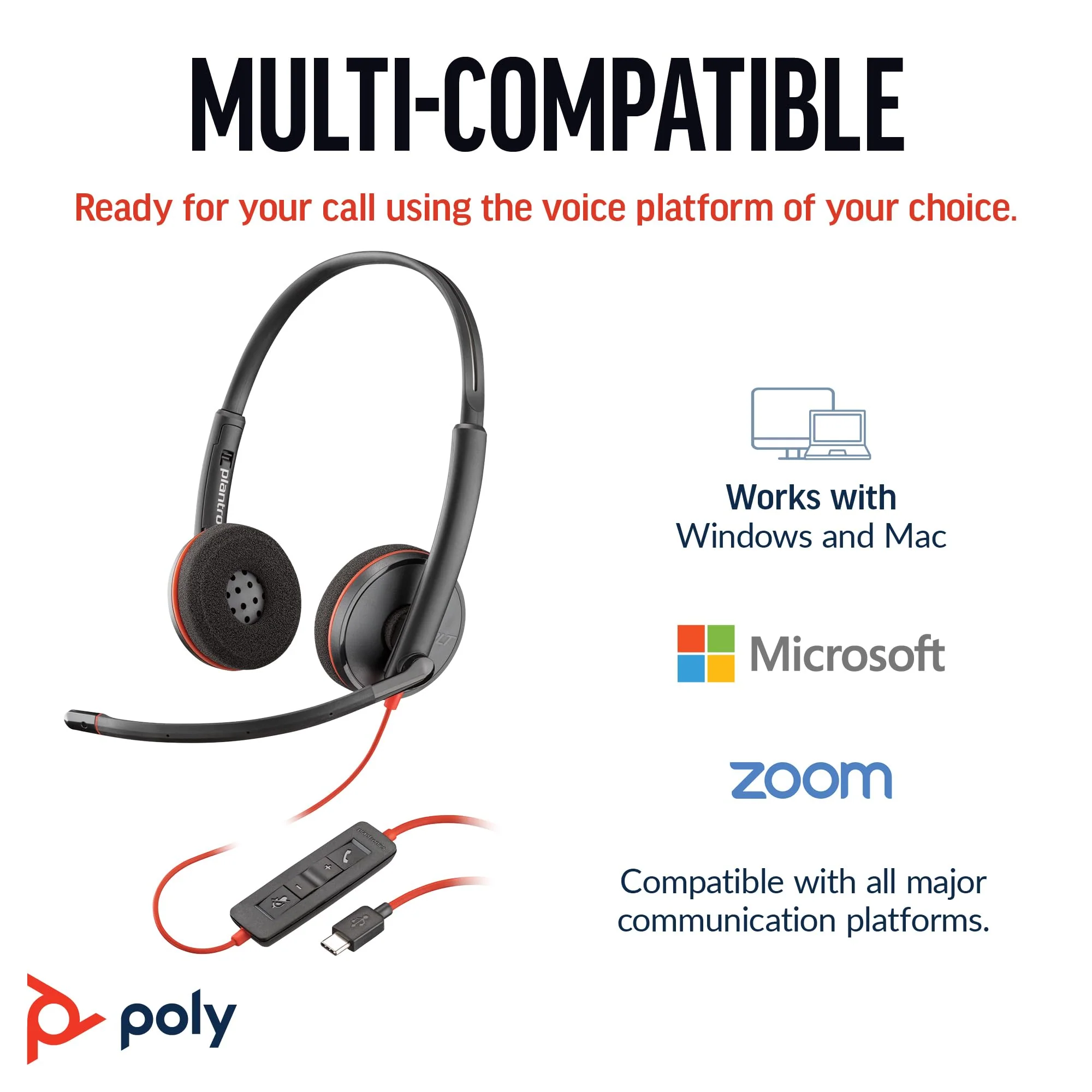Poly Blackwire 3220 Wired Headset with Mic, Hi-Fi Stereo Sound, Noise-Canceling Mic, Stereo Design, Connect to PC via USB-C & USB-A Adapter, Over-Ear Design, Works with Virtual Meeting Platforms One size 2023 Version (USB-C & USB-A) - Image 5