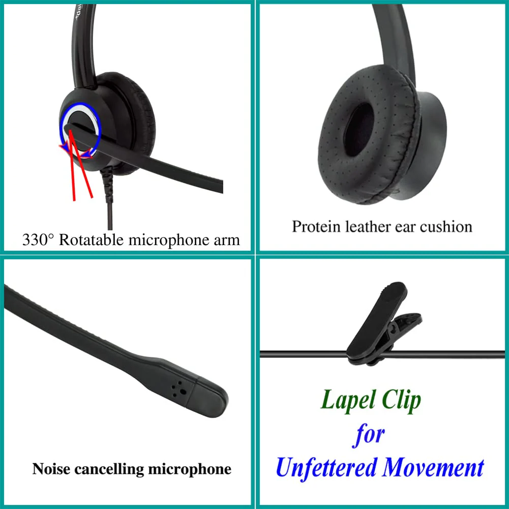 Polycom Phone Headset Noise Cancelling Mic RJ9 U10P Bottom Cable Compatible with Polycom VVX, Shoretel, Avaya Digital Phones Double Ear - Image 7