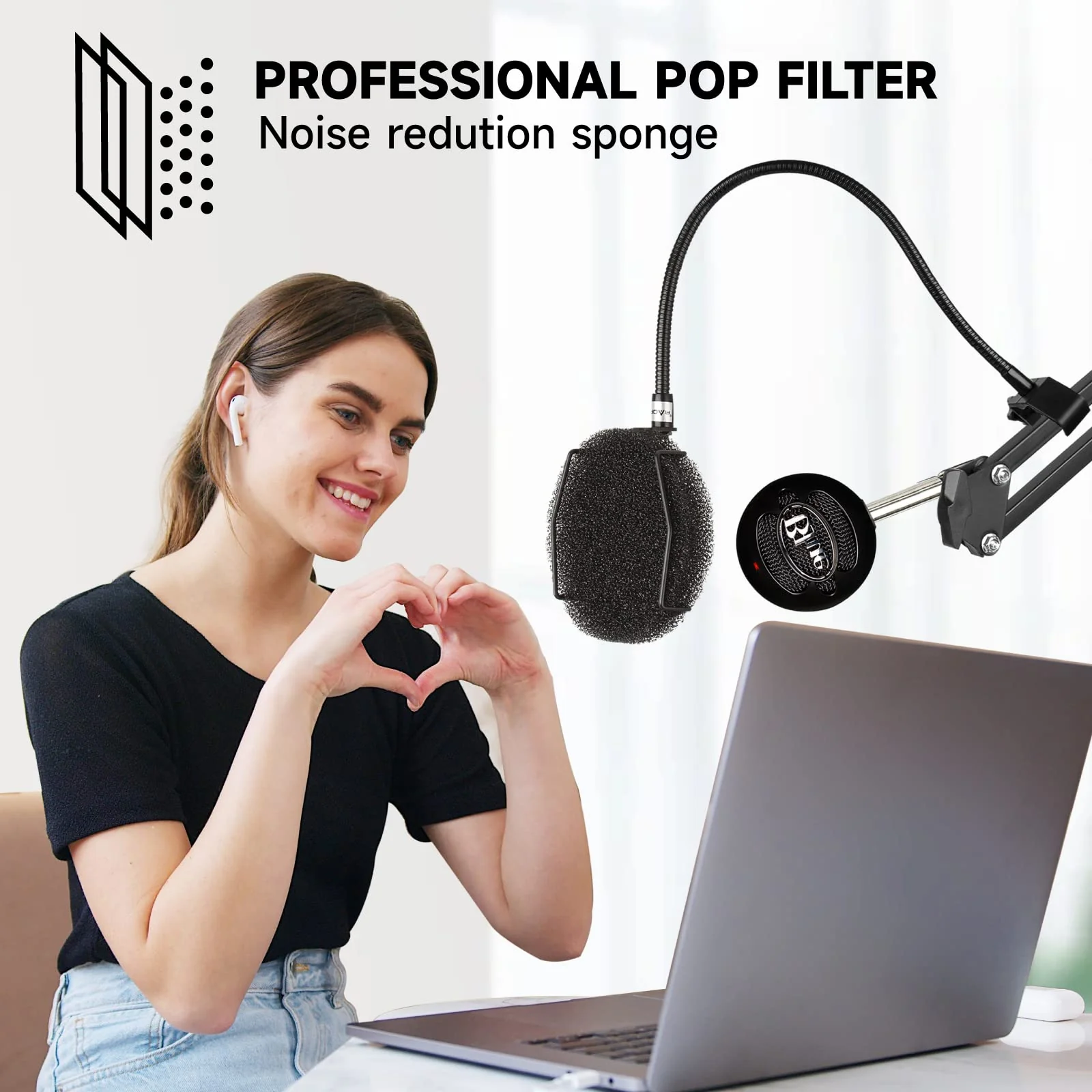 Pop Filter for Microphone - Sponge Layered Pop Wind Screen with Enhanced Flexible 360° Gooseneck Black Pop Filter - Image 3