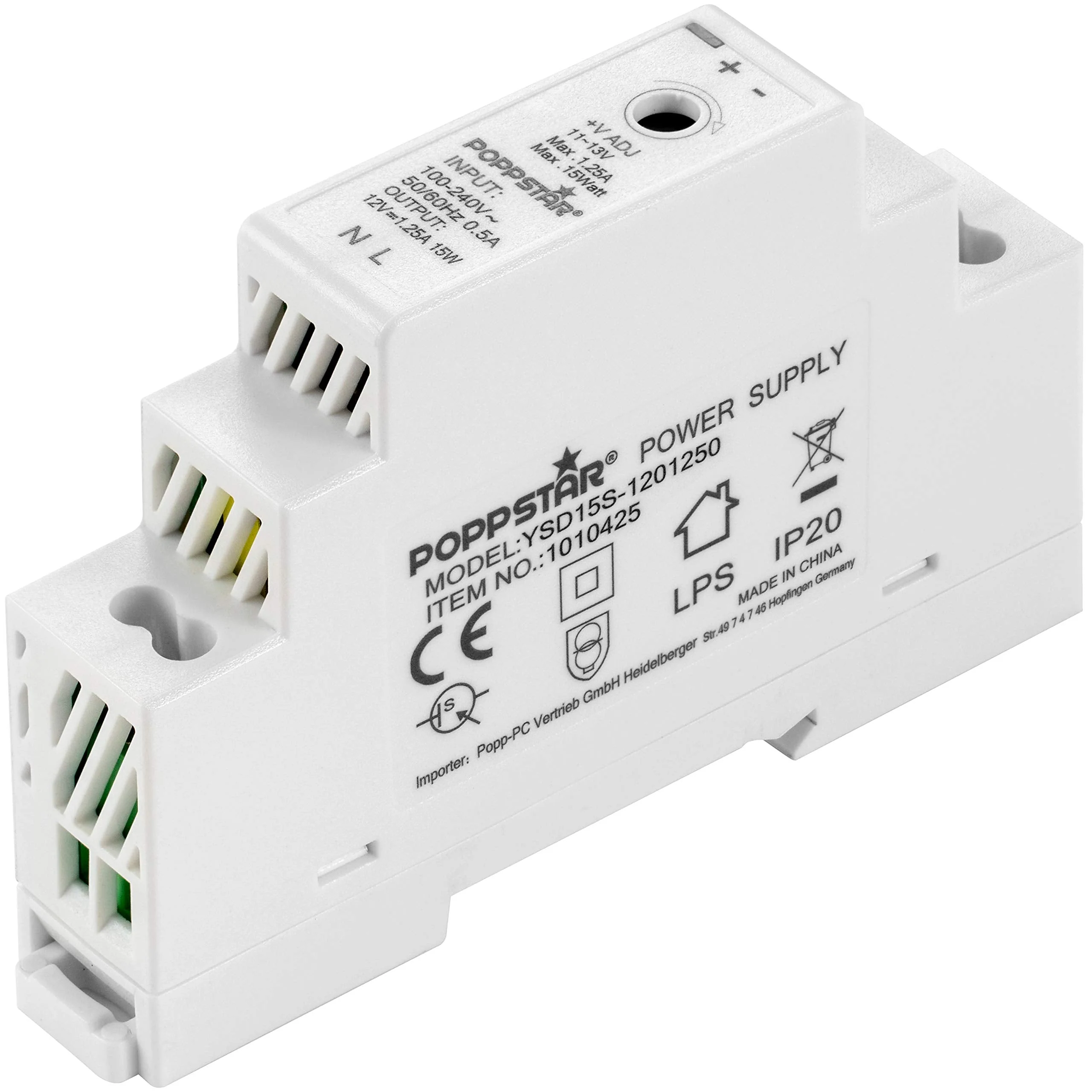 Poppstar Top-Hat Rail Power Supply P-15-12- 12V DC 1.25A 15 W (Input 100-240 V AC 50/60 Hz) 18 x 90 x 58 mm 12 V DC 1,25 A 15 W - Image 3