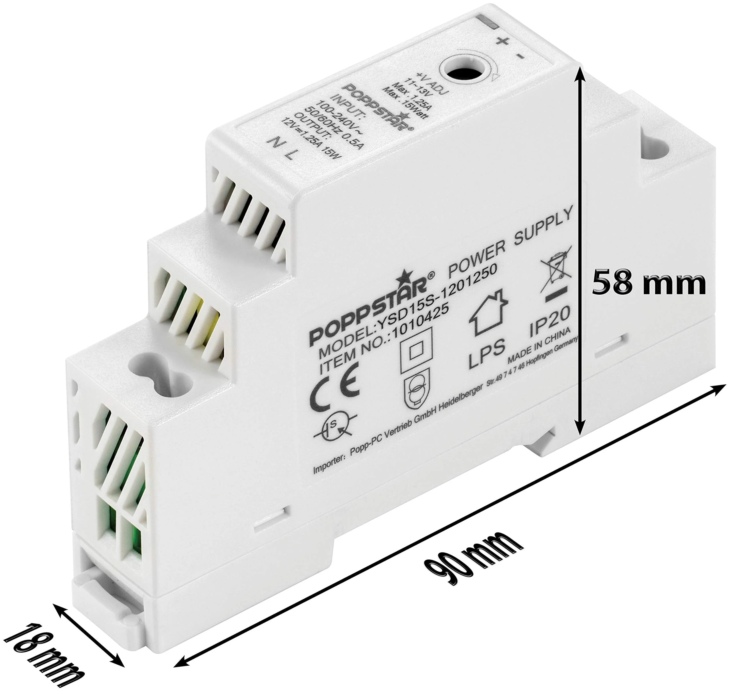 Poppstar Top-Hat Rail Power Supply P-15-12- 12V DC 1.25A 15 W (Input 100-240 V AC 50/60 Hz) 18 x 90 x 58 mm 12 V DC 1,25 A 15 W - Image 4