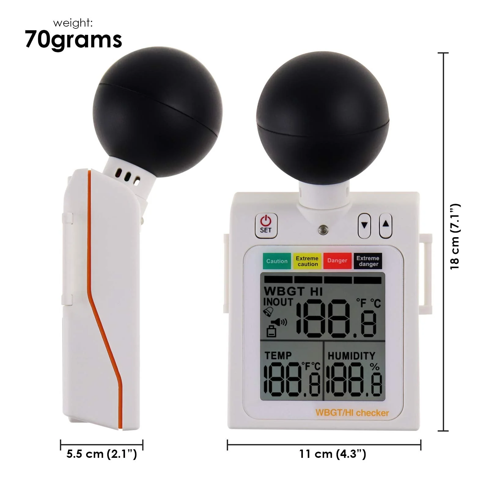Portable 2 in 1 WBGT + HI Heat Index Checker Wet Ball Globe Temperature Heat Stress Meter Air Temperature Humidity Tester with Acoustic Alarm to Display Dangerous Levels Portable WBGT + HI-Checker - Image 8
