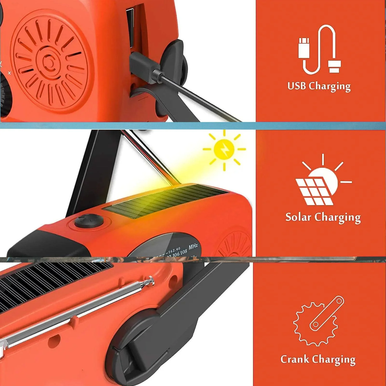 Portable 2000mAh Hand Crank Emergency Solar Panel SOS Weather Radio, Self-Powered 7 NOAA Channels Emergency Radio, WB/AM/FM Radios with Reading Lamp (Orange) Orange - Image 6