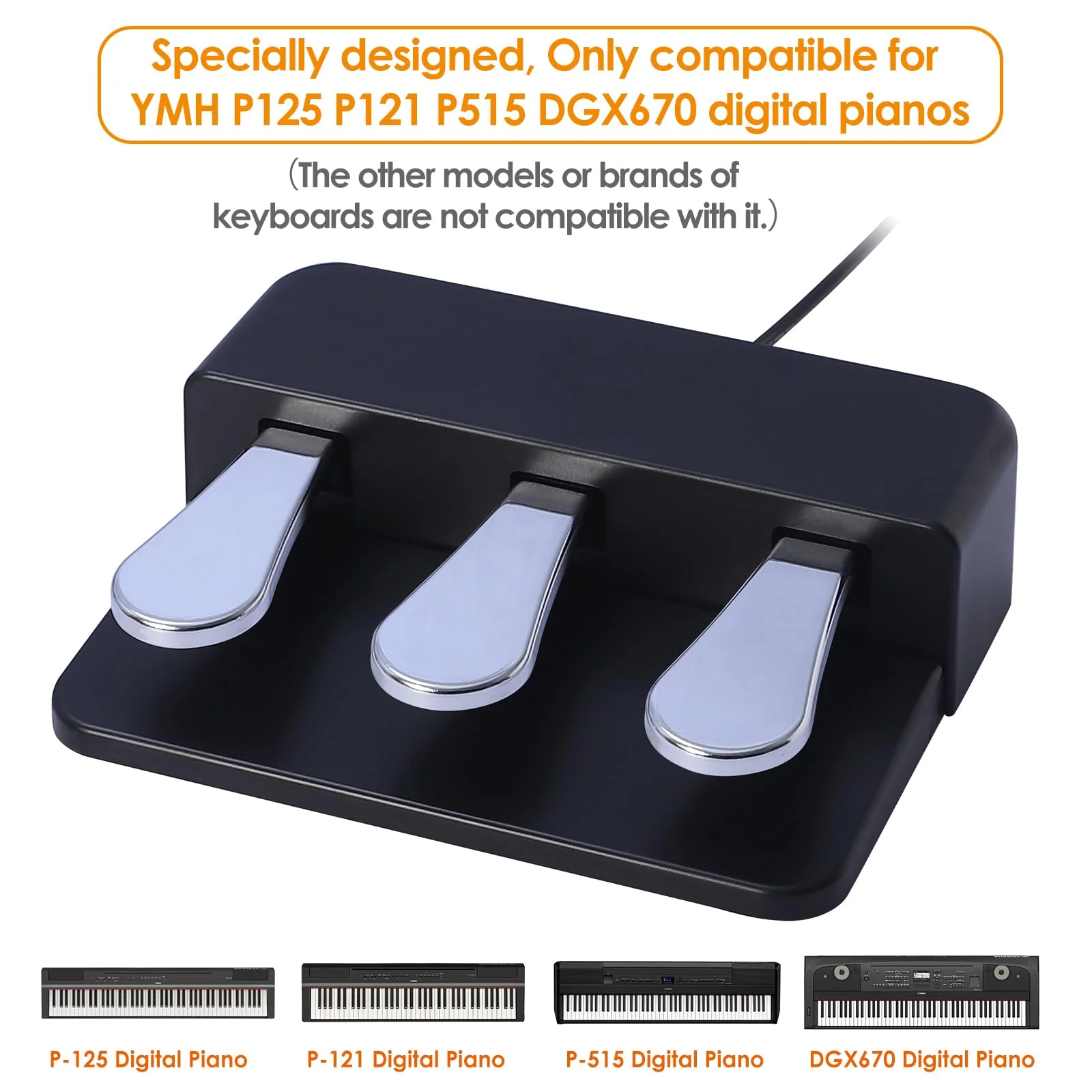 Portable 3-Pedal Board unit for Electric pianos keyboards, Soft & Sostenuto & Sustain pedal 3-Pedal Compatible With Yamaha P125 P121 P515 DGX670 Digital pianos keyboards (Black + Silver) Black + Silver - Image 4