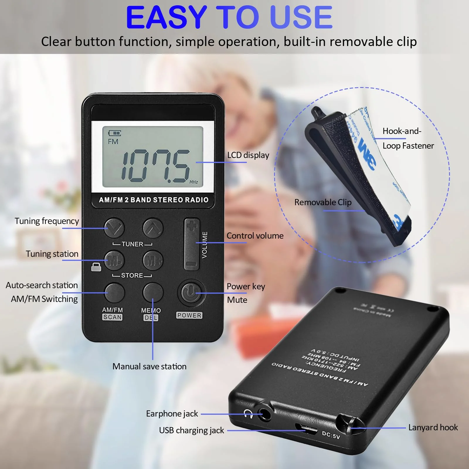 Portable AM/FM Pocket Radio with Digital Tuning LCD Display, SWDSTP Rechargeable Mini Radio with Stereo Earphone and Removable Belt Clip for Walking, Jogging - Image 4