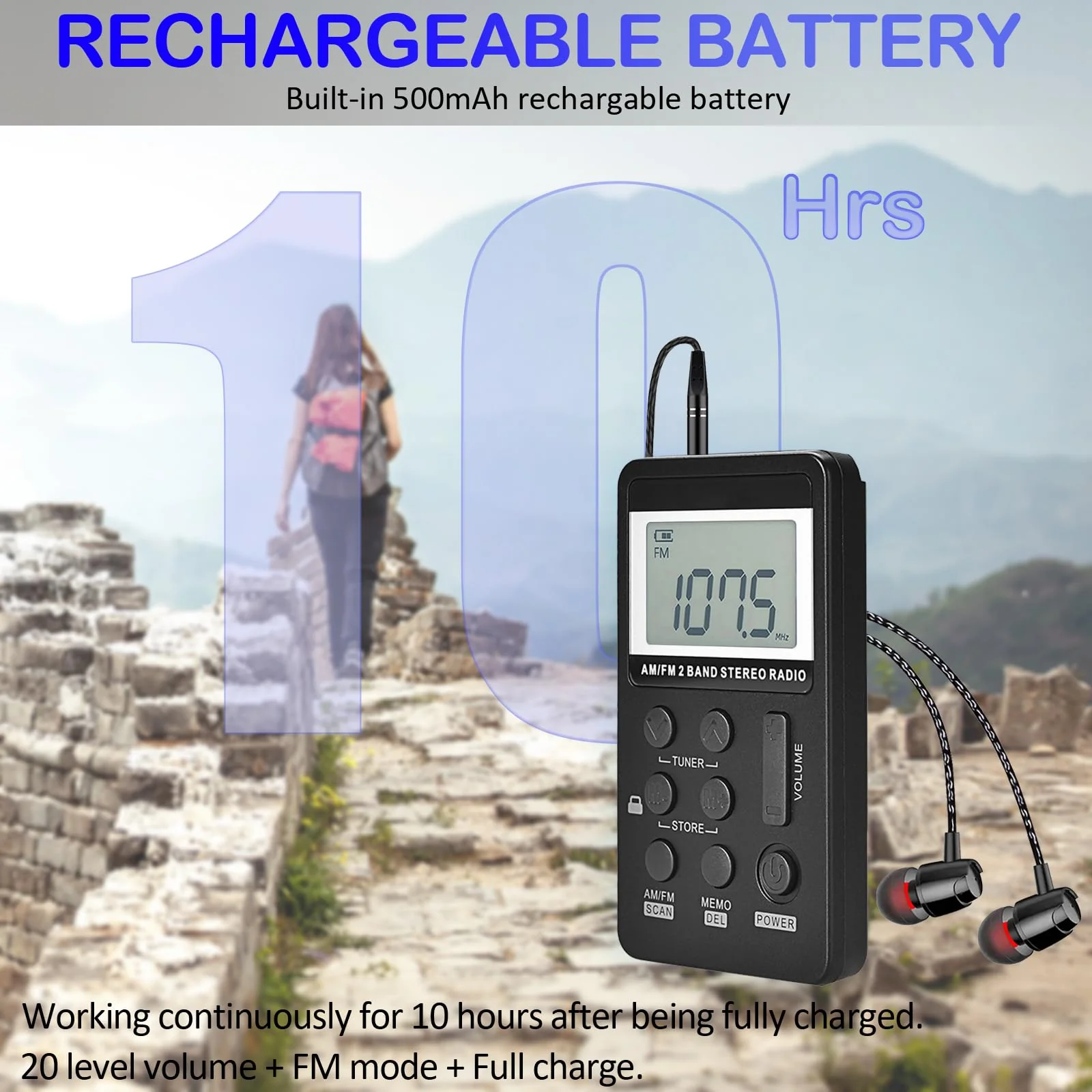 Portable AM/FM Pocket Radio with Digital Tuning LCD Display, SWDSTP Rechargeable Mini Radio with Stereo Earphone and Removable Belt Clip for Walking, Jogging - Image 5