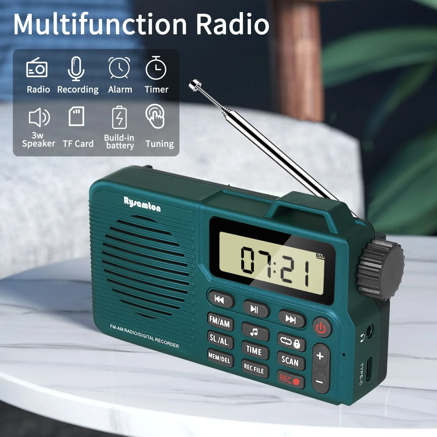 Portable AM/FM Radio, Digital Radio Recorder, Bluetooth 5.0, Alarm and Sleep Function, 12/24H Time Display with Large Digital Display green - Image 2