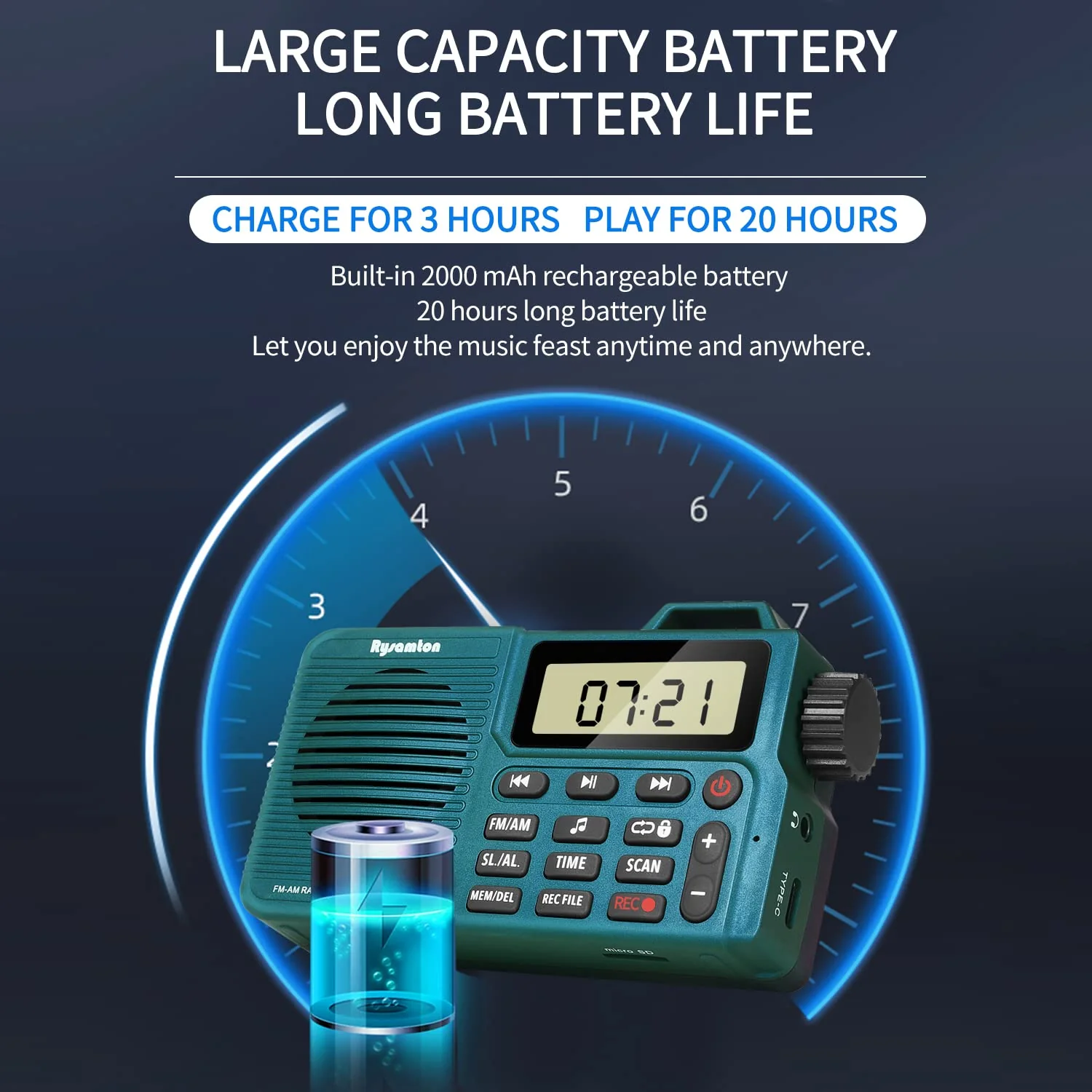 Portable AM/FM Radio, Digital Radio Recorder, Bluetooth 5.0, Alarm and Sleep Function, 12/24H Time Display with Large Digital Display green - Image 3