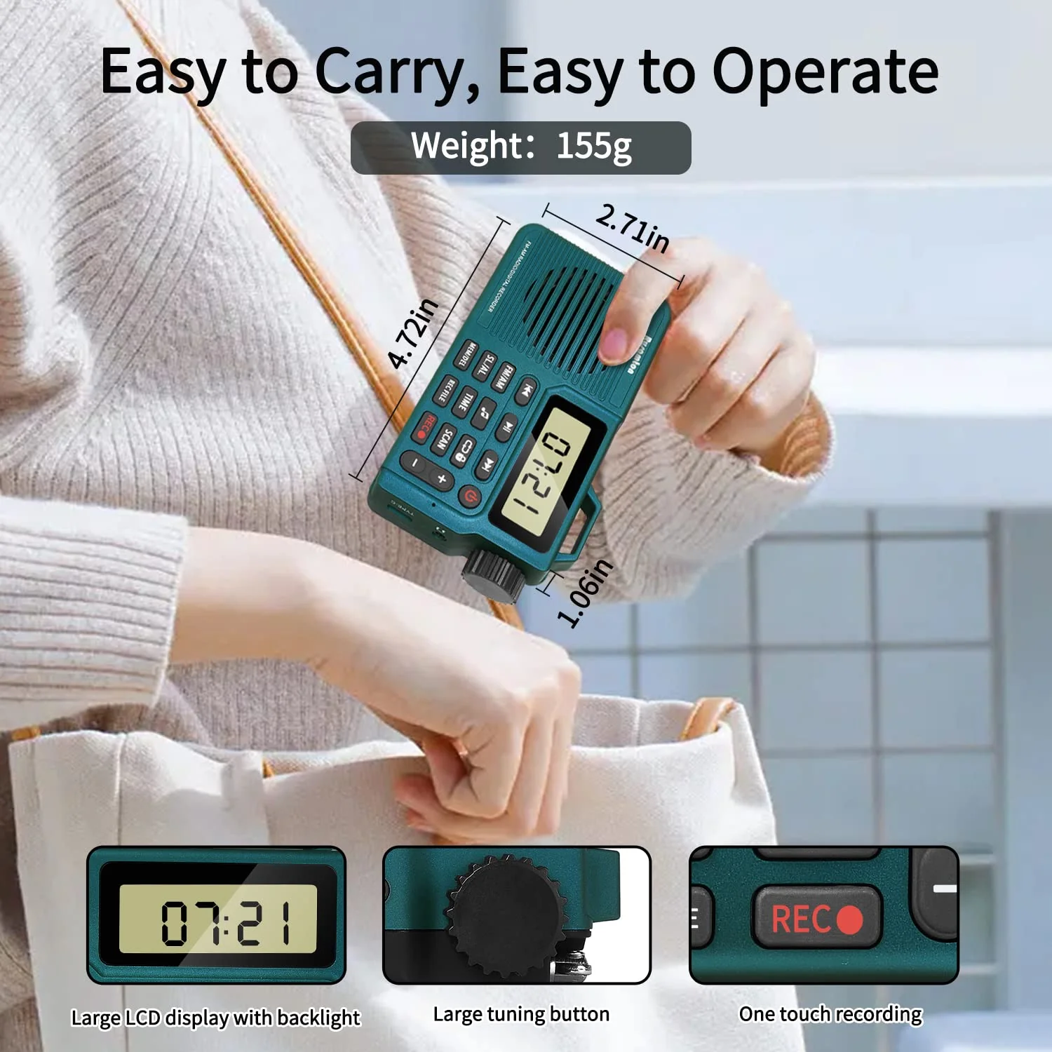 Portable AM/FM Radio, Digital Radio Recorder, Bluetooth 5.0, Alarm and Sleep Function, 12/24H Time Display with Large Digital Display green - Image 5