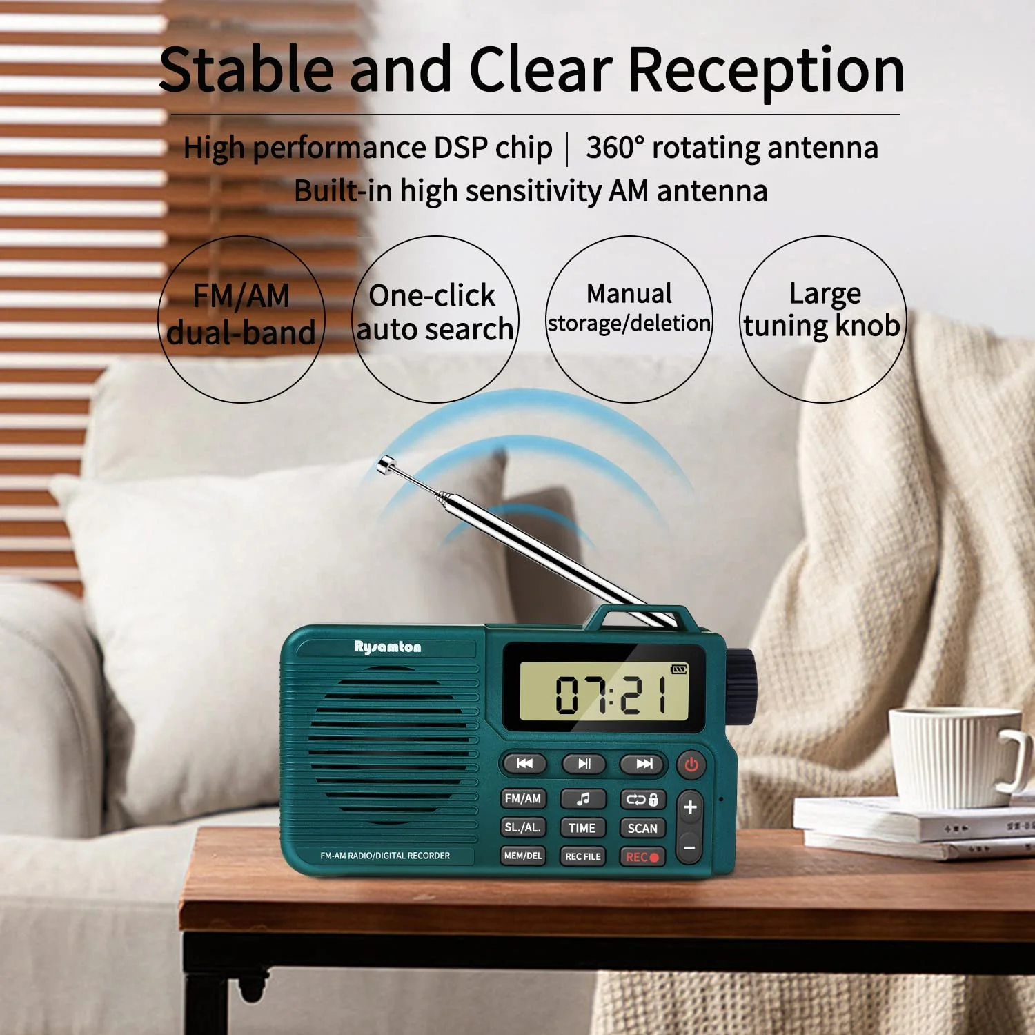 Portable AM/FM Radio, Digital Radio Recorder, Bluetooth 5.0, Alarm and Sleep Function, 12/24H Time Display with Large Digital Display green - Image 6