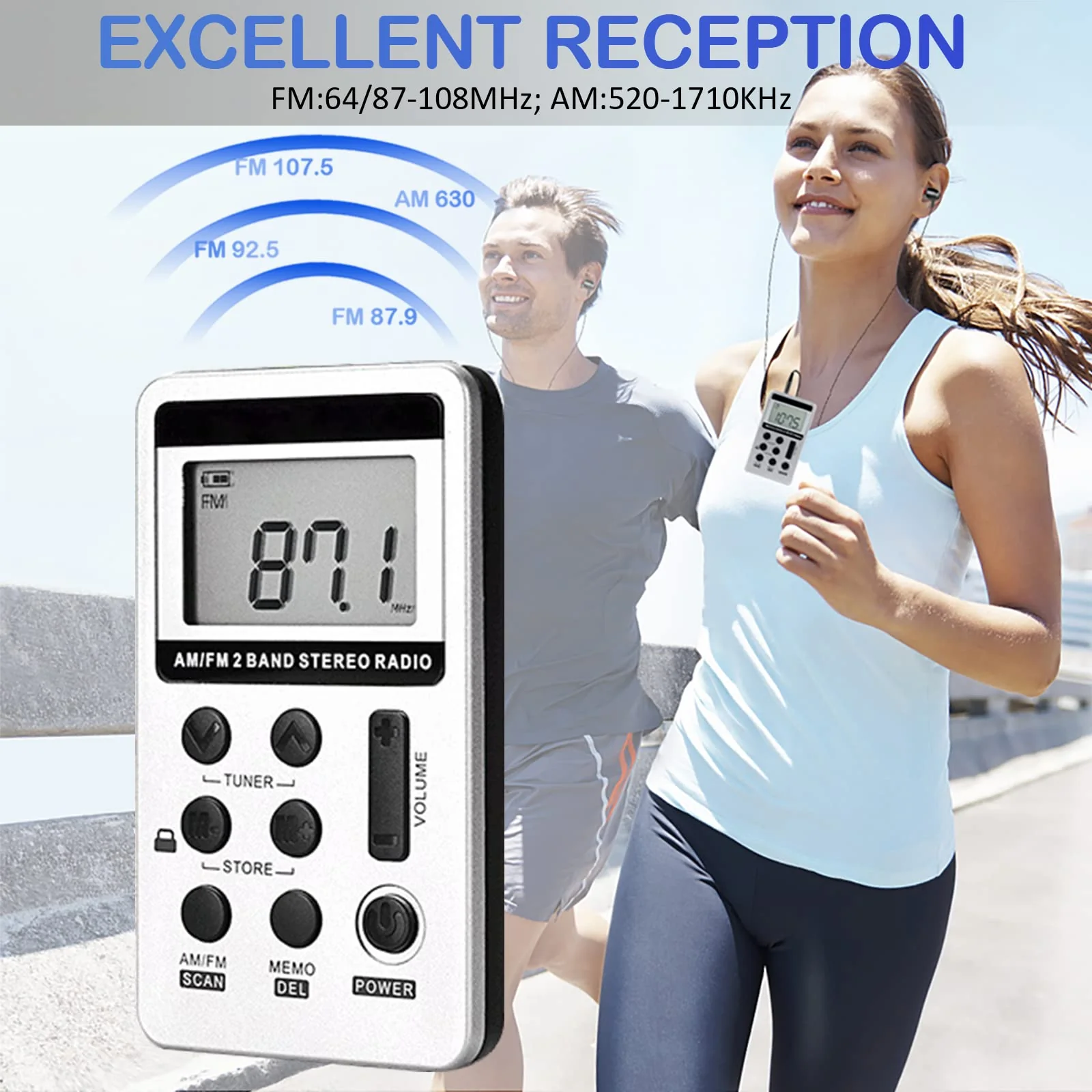 Portable AM FM Radio with Digital Tuning LCD Display, SWDSTP Rechargeable Pocket Radio with Stereo Earphone and Detachable Belt Clip for Walking, Jogging - Image 2