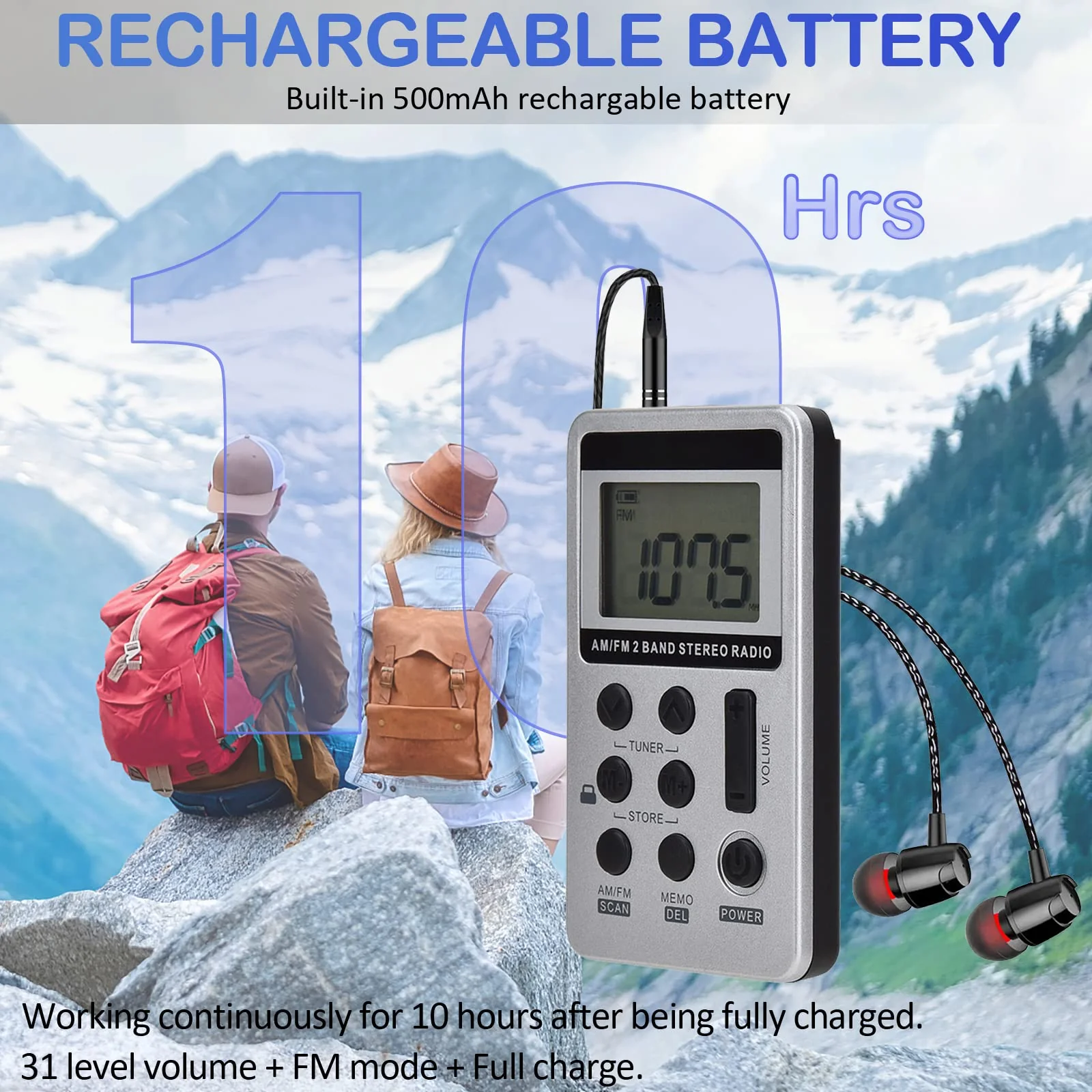 Portable AM FM Radio with Digital Tuning LCD Display, SWDSTP Rechargeable Pocket Radio with Stereo Earphone and Detachable Belt Clip for Walking, Jogging - Image 4