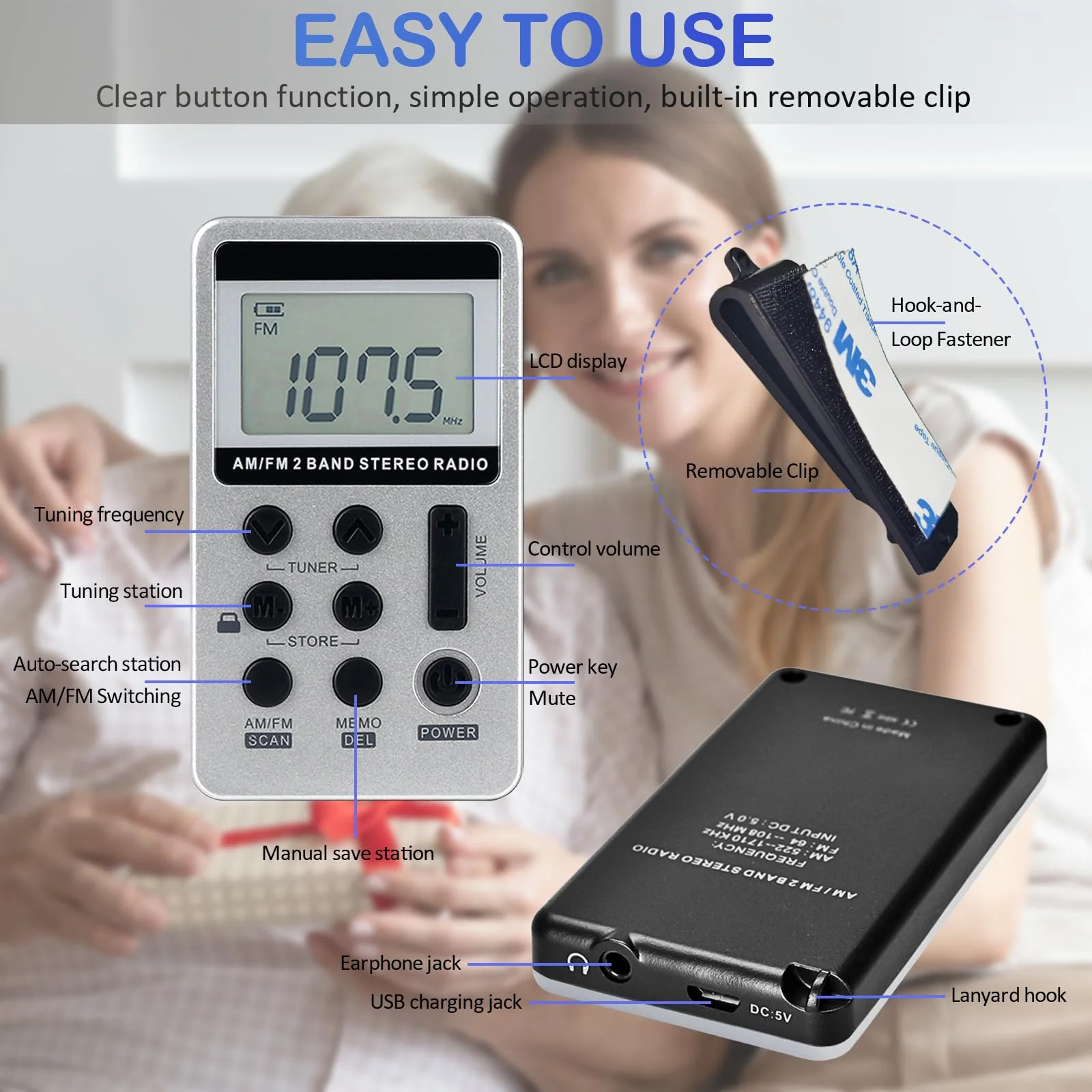 Portable AM FM Radio with Digital Tuning LCD Display, SWDSTP Rechargeable Pocket Radio with Stereo Earphone and Detachable Belt Clip for Walking, Jogging - Image 5