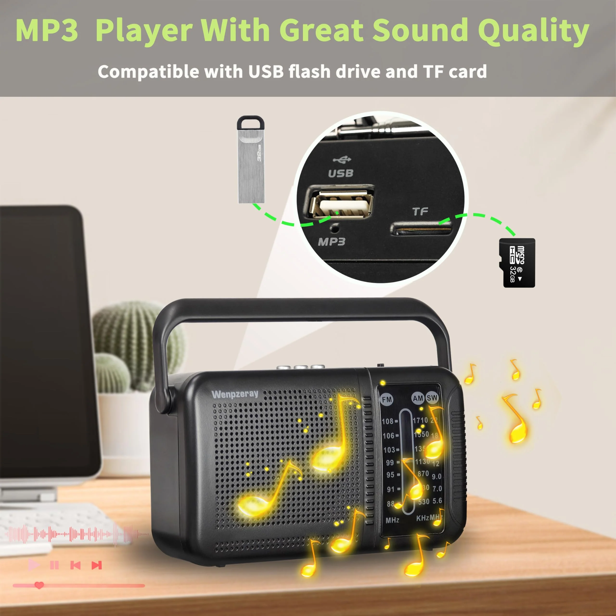 Portable AM FM Shortwave Transistor Radio, Retro Bluetooth Speaker Excellent Reception, Support TF Card/USB Play, Large Dial Battery or USB Powered Easy to Use Indoor, Outdoor, Travel & Storms - Image 7