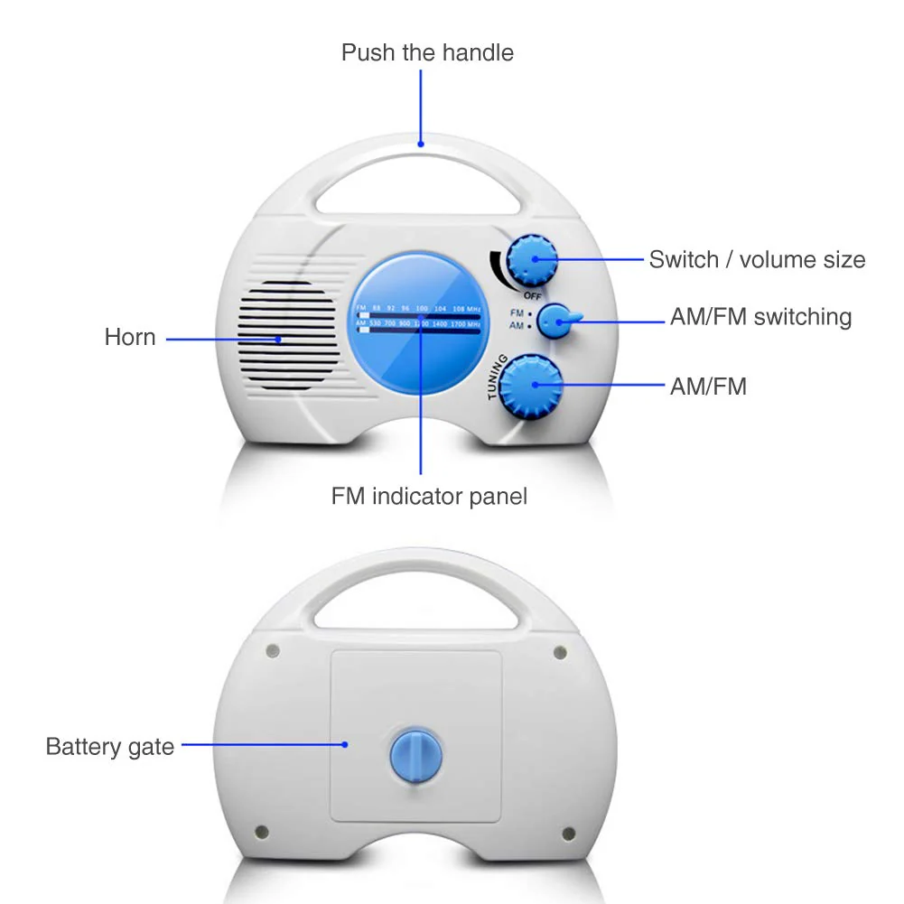 Portable AM/FM Shower Radio, Waterproof Hanging Radio with Built-in Speaker, Adjustable Volume, Battery Operated for Bathroom, Kitchen, Outdoor (Blue+White) blue+white - Image 2