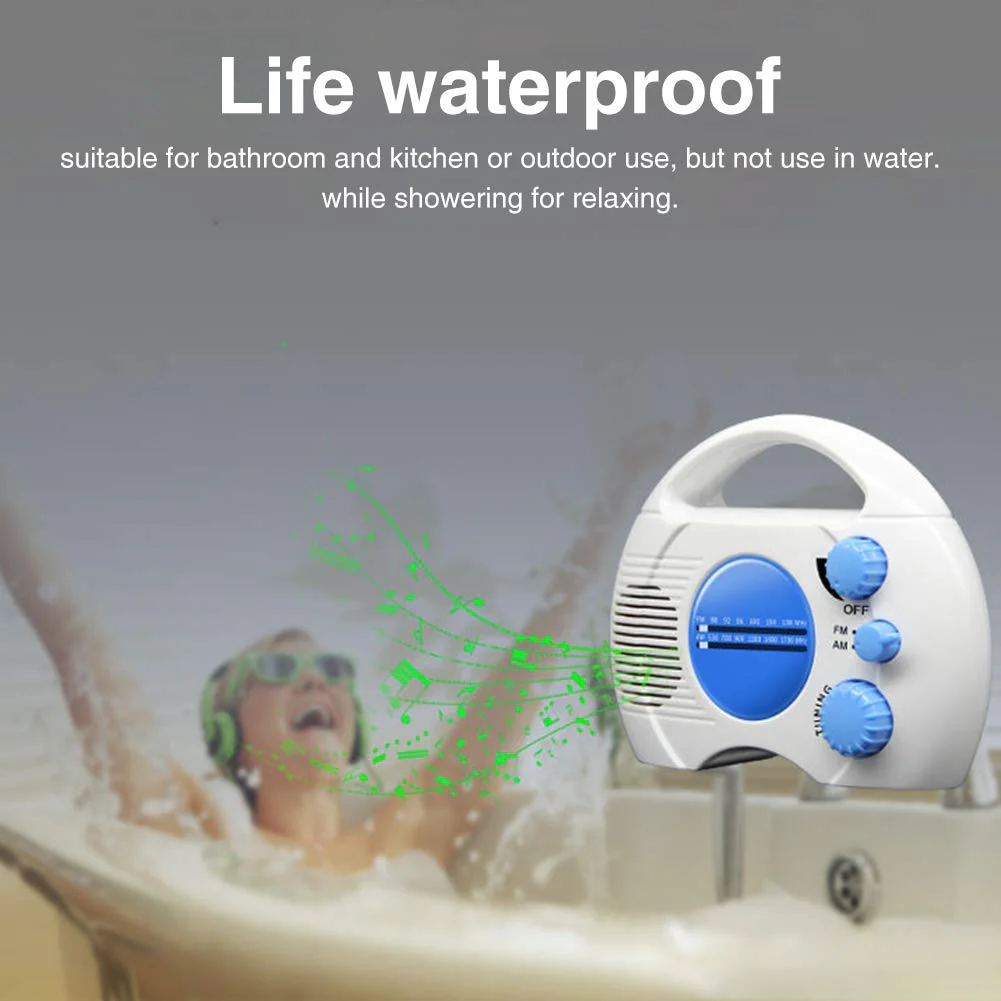 Portable AM/FM Shower Radio, Waterproof Hanging Radio with Built-in Speaker, Adjustable Volume, Battery Operated for Bathroom, Kitchen, Outdoor (Blue+White) blue+white - Image 4
