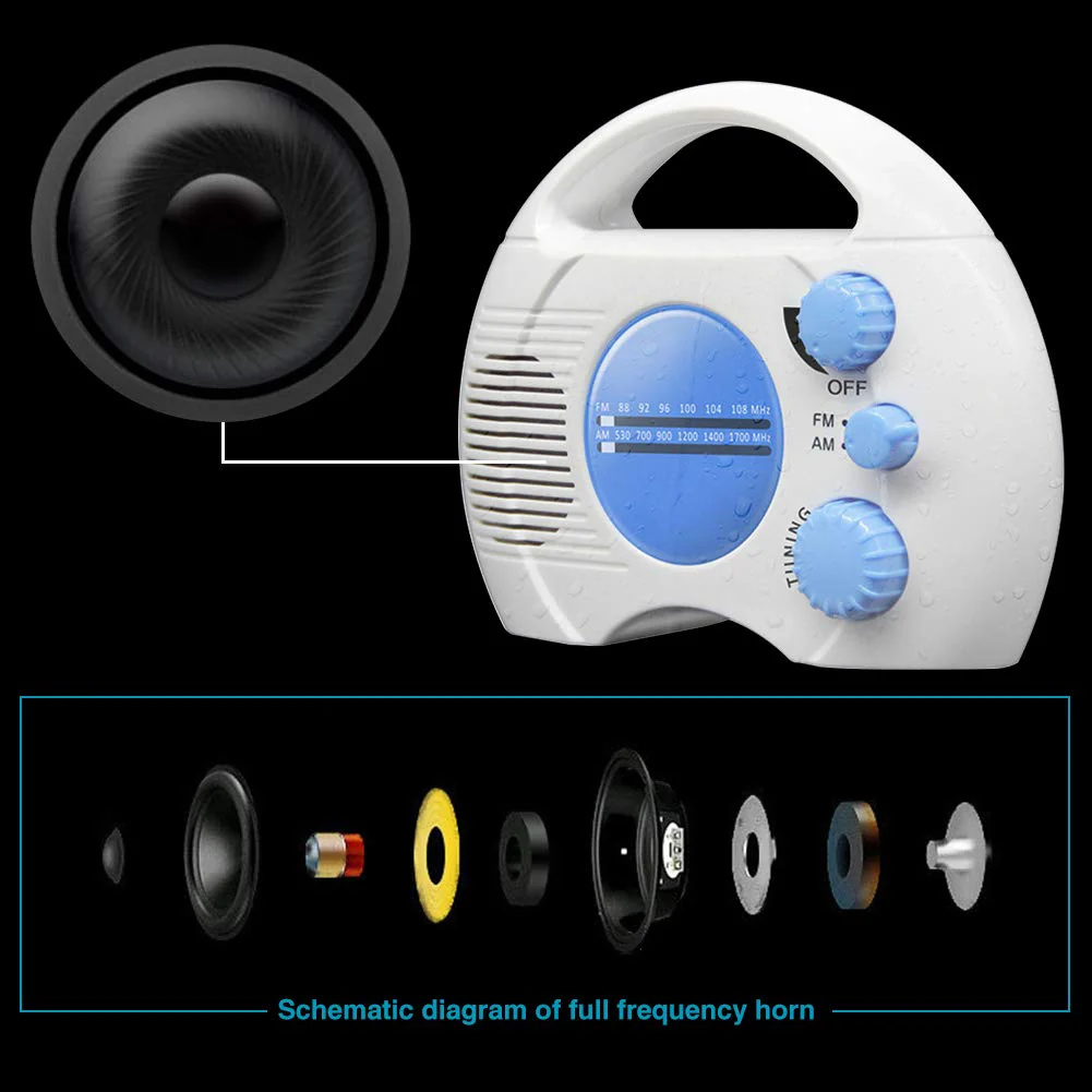 Portable AM/FM Shower Radio, Waterproof Hanging Radio with Built-in Speaker, Adjustable Volume, Battery Operated for Bathroom, Kitchen, Outdoor (Blue+White) blue+white - Image 5