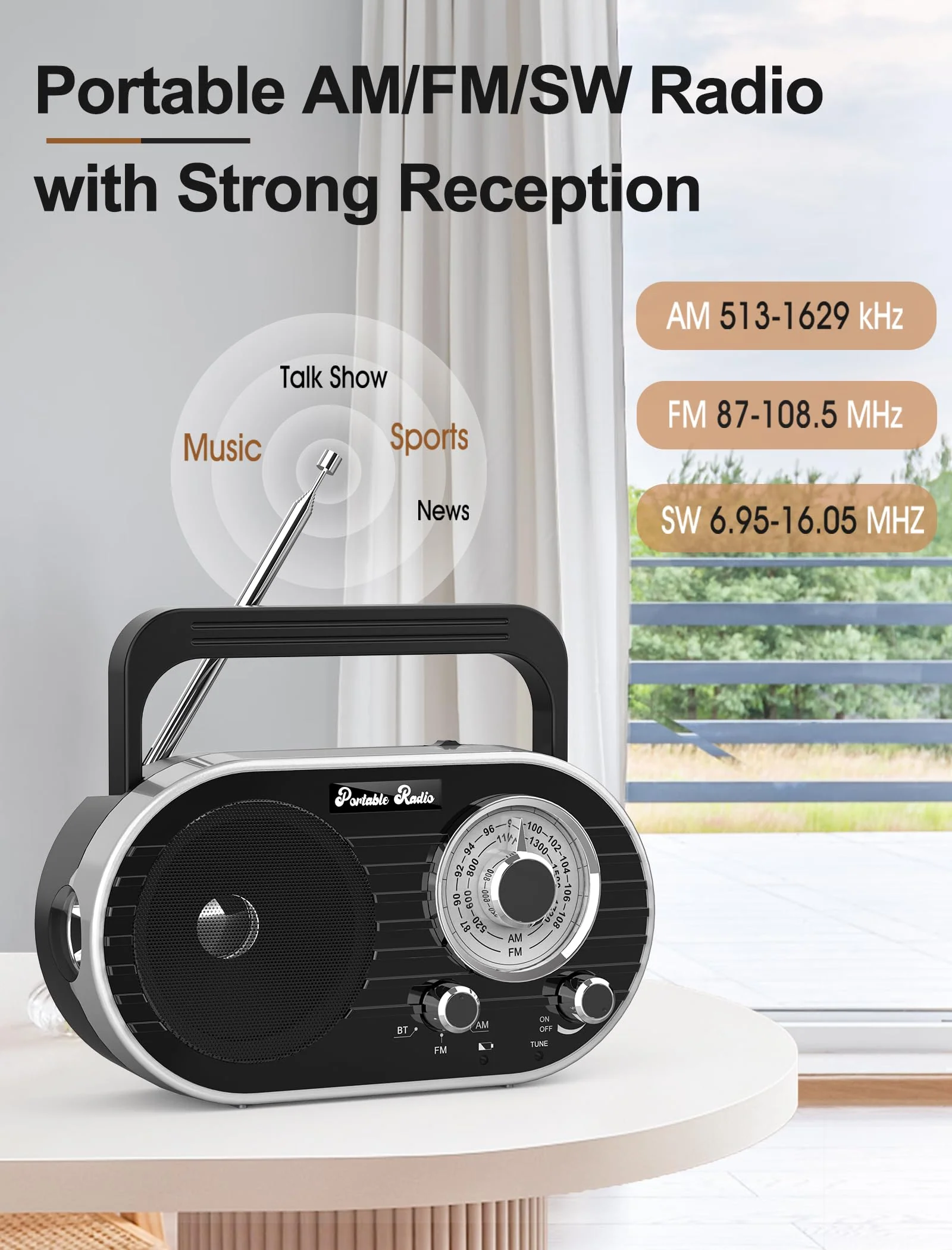 Portable AM FM SW Radio with Bluetooth,4000mAh Rechargeable Radio with Big Speaker,Flashlight,Large Knob,Earphone Jack,4 AA Battery Operated Radio,Transistor Radio with Best Reception for Home&Outdoor - Image 4