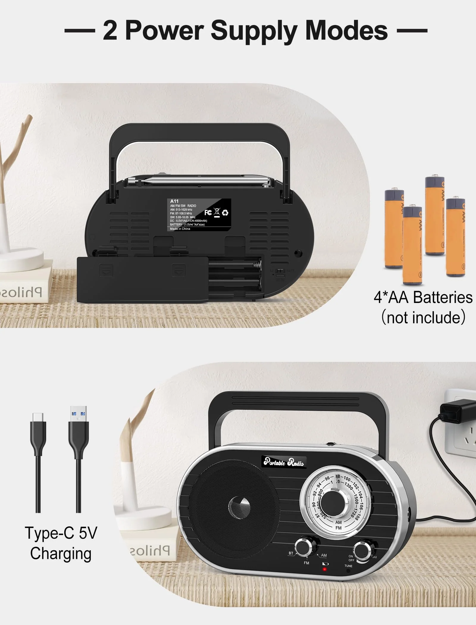 Portable AM FM SW Radio with Bluetooth,4000mAh Rechargeable Radio with Big Speaker,Flashlight,Large Knob,Earphone Jack,4 AA Battery Operated Radio,Transistor Radio with Best Reception for Home&Outdoor - Image 5