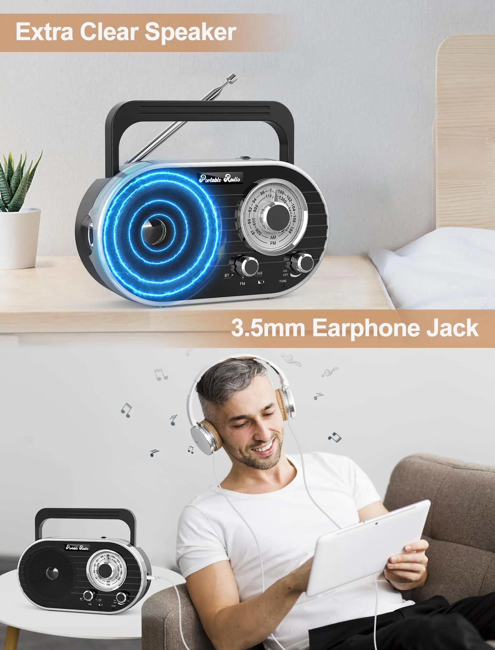 Portable AM FM SW Radio with Bluetooth,4000mAh Rechargeable Radio with Big Speaker,Flashlight,Large Knob,Earphone Jack,4 AA Battery Operated Radio,Transistor Radio with Best Reception for Home&Outdoor - Image 7