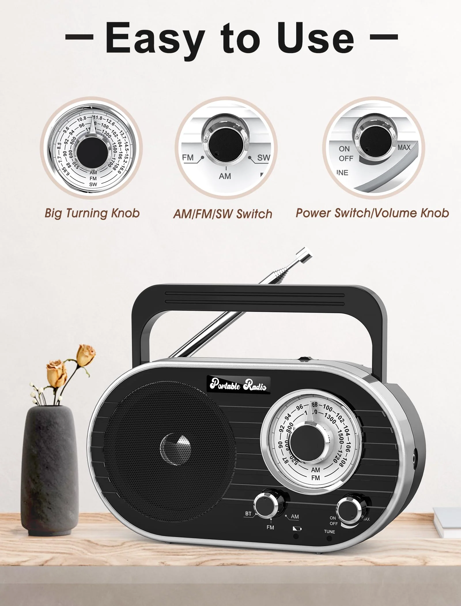 Portable AM FM SW Radio with Bluetooth,4000mAh Rechargeable Radio with Big Speaker,Flashlight,Large Knob,Earphone Jack,4 AA Battery Operated Radio,Transistor Radio with Best Reception for Home&Outdoor - Image 8