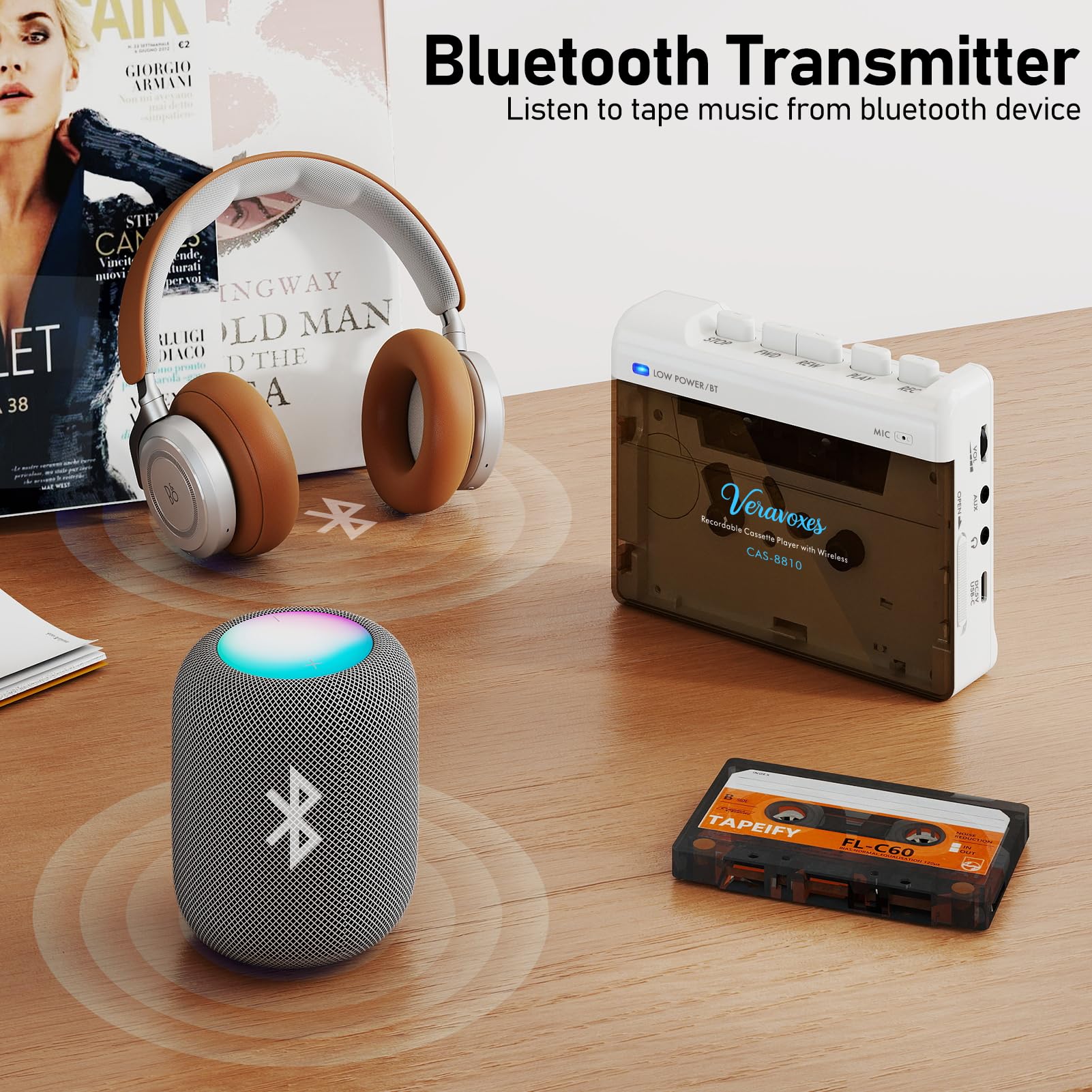 Portable Bluetooth Cassette Tape Player, Cassette Player Recorder,Equipped with Headphone and AUX Ports, Support AUX Line in Record,Built-in Microphone, Powered by DC or AA Battery (White) White - Image 2