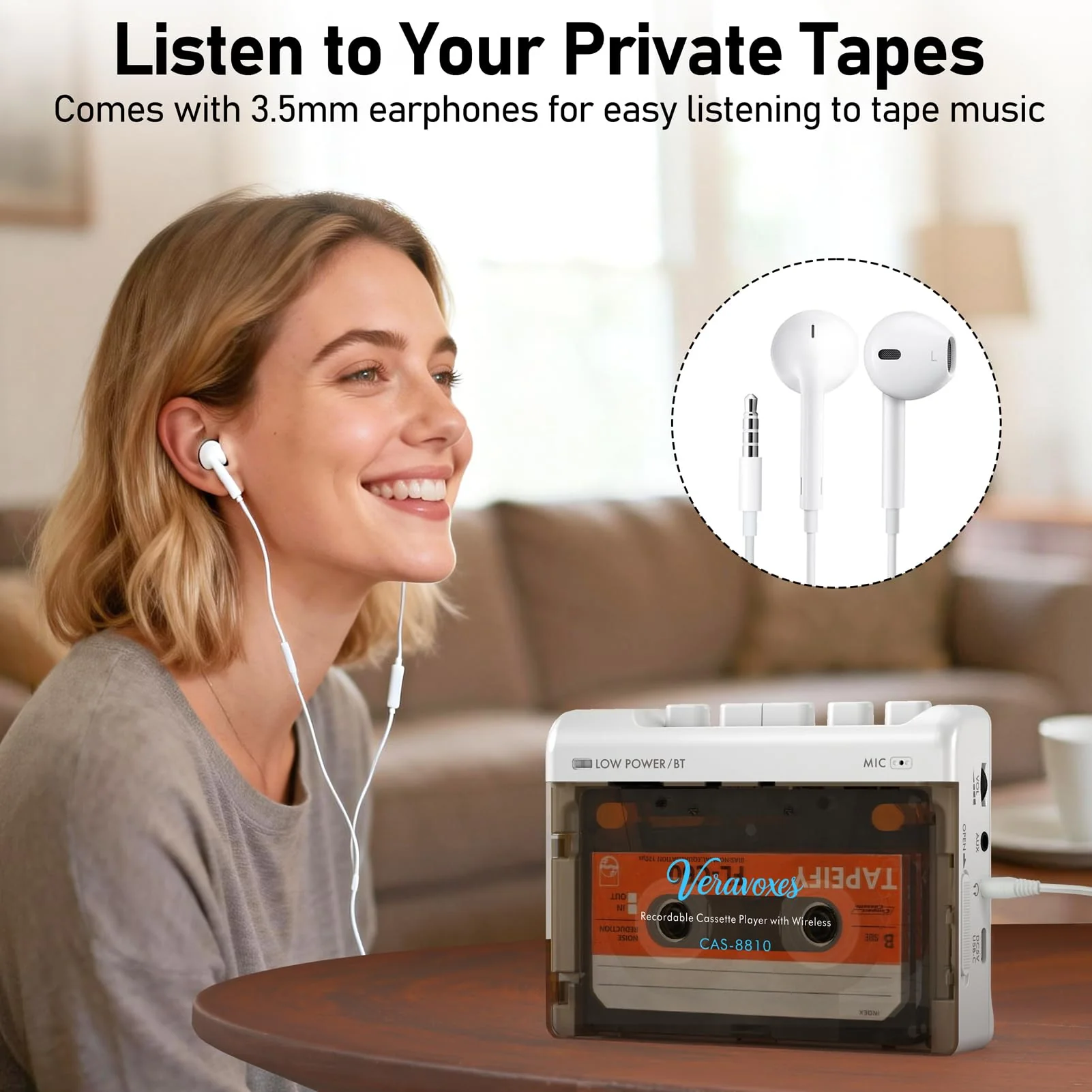 Portable Bluetooth Cassette Tape Player, Cassette Player Recorder,Equipped with Headphone and AUX Ports, Support AUX Line in Record,Built-in Microphone, Powered by DC or AA Battery (White) White - Image 3