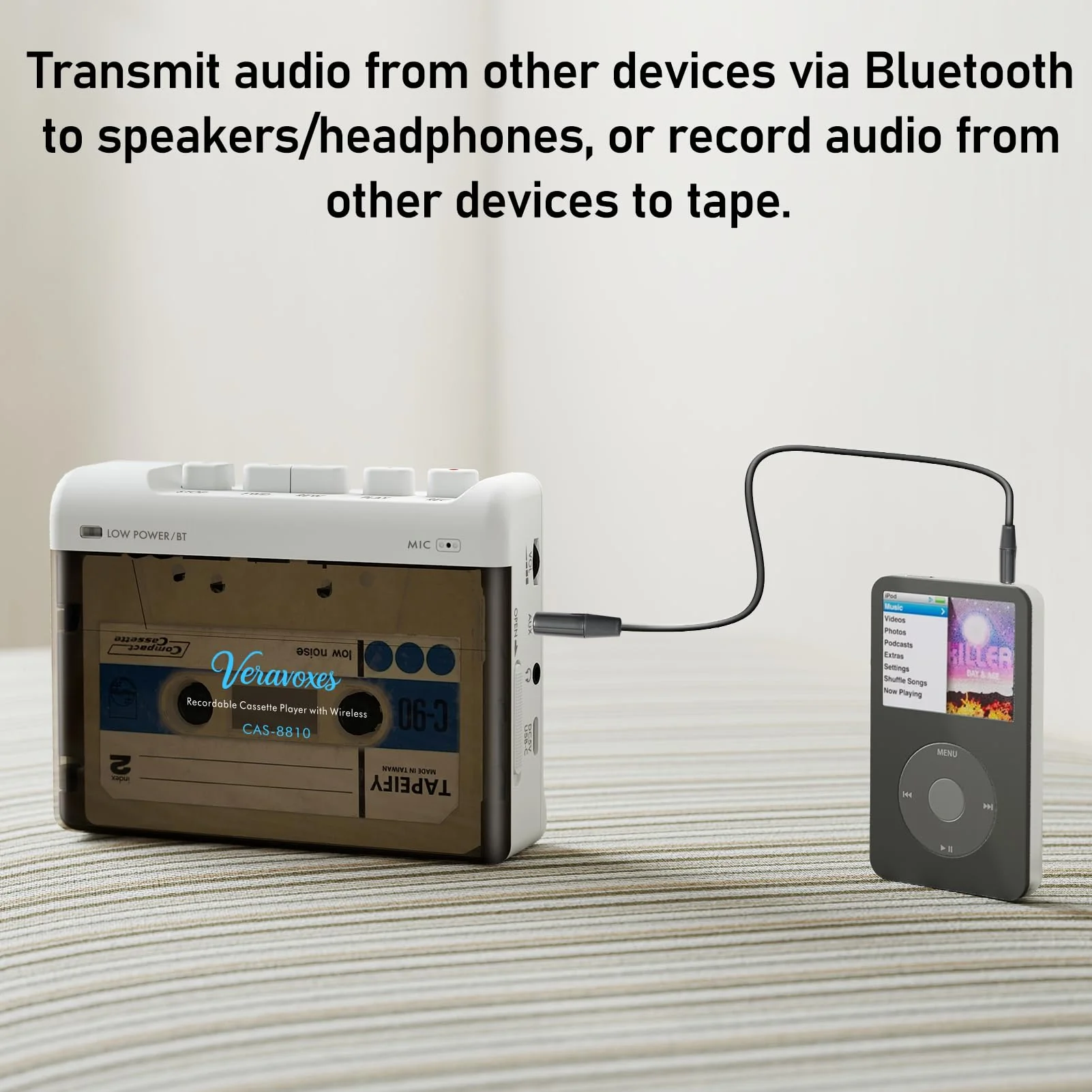 Portable Bluetooth Cassette Tape Player, Cassette Player Recorder,Equipped with Headphone and AUX Ports, Support AUX Line in Record,Built-in Microphone, Powered by DC or AA Battery (White) White - Image 4