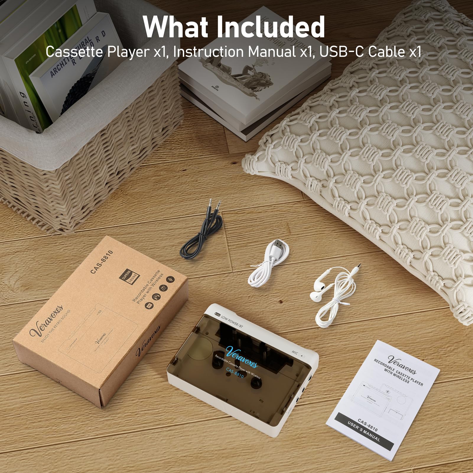Portable Bluetooth Cassette Tape Player, Cassette Player Recorder,Equipped with Headphone and AUX Ports, Support AUX Line in Record,Built-in Microphone, Powered by DC or AA Battery (White) White - Image 7