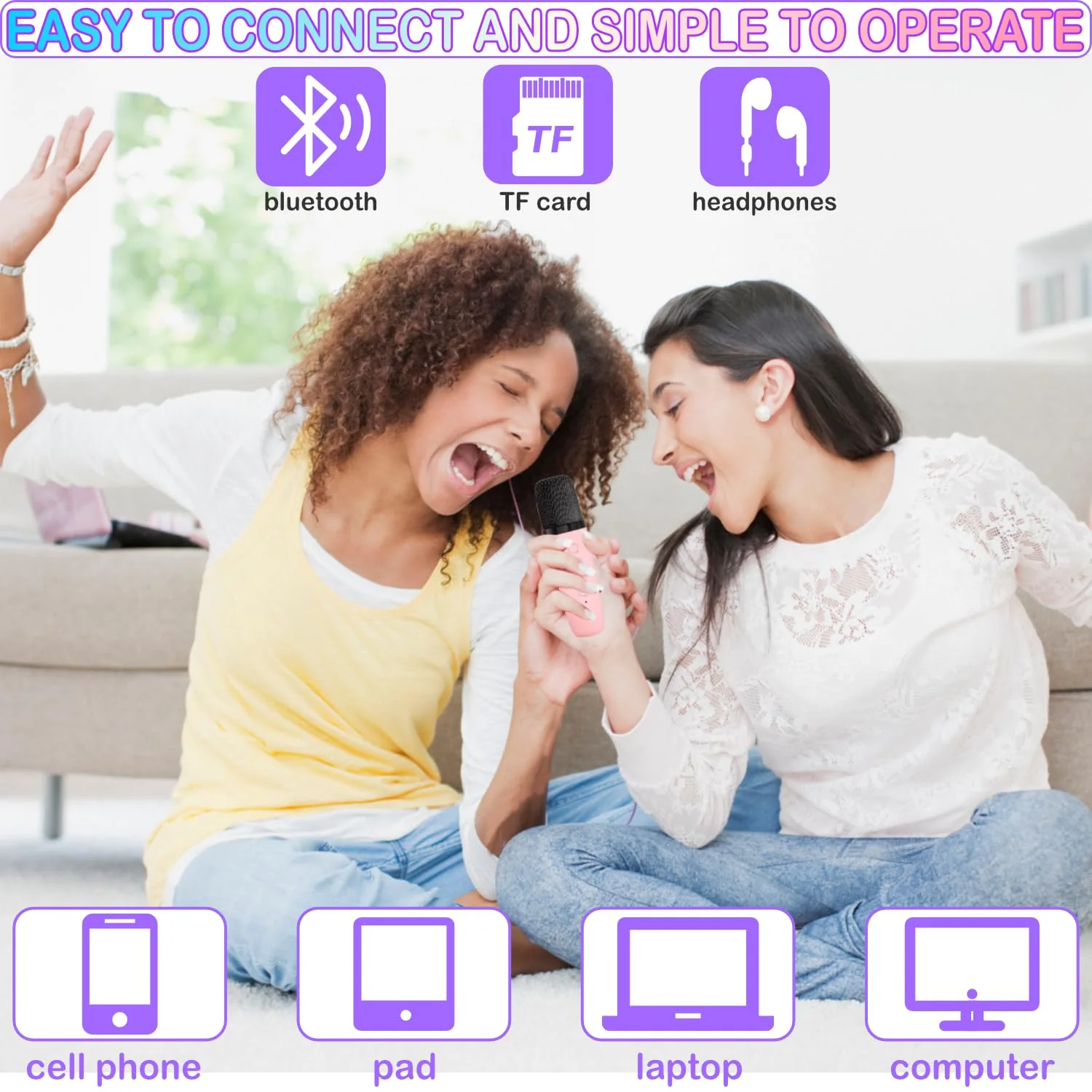 Portable Bluetooth Karaoke Speaker with 2 Wireless Microphones & LED Lights for Kids Birthday Parties K1-2MIC-PURPLE - Image 4