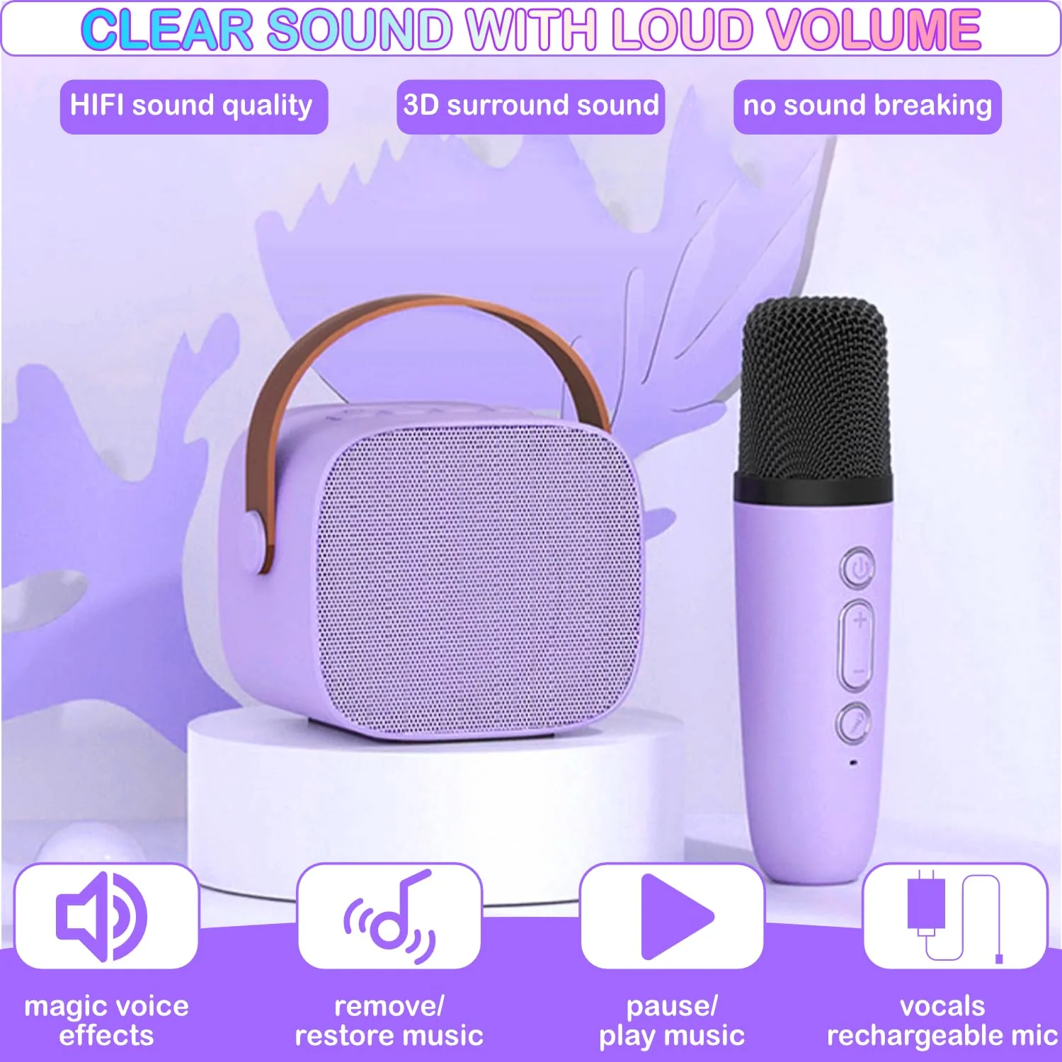 Portable Bluetooth Karaoke Speaker with 2 Wireless Microphones & LED Lights for Kids Birthday Parties K1-2MIC-PURPLE - Image 5
