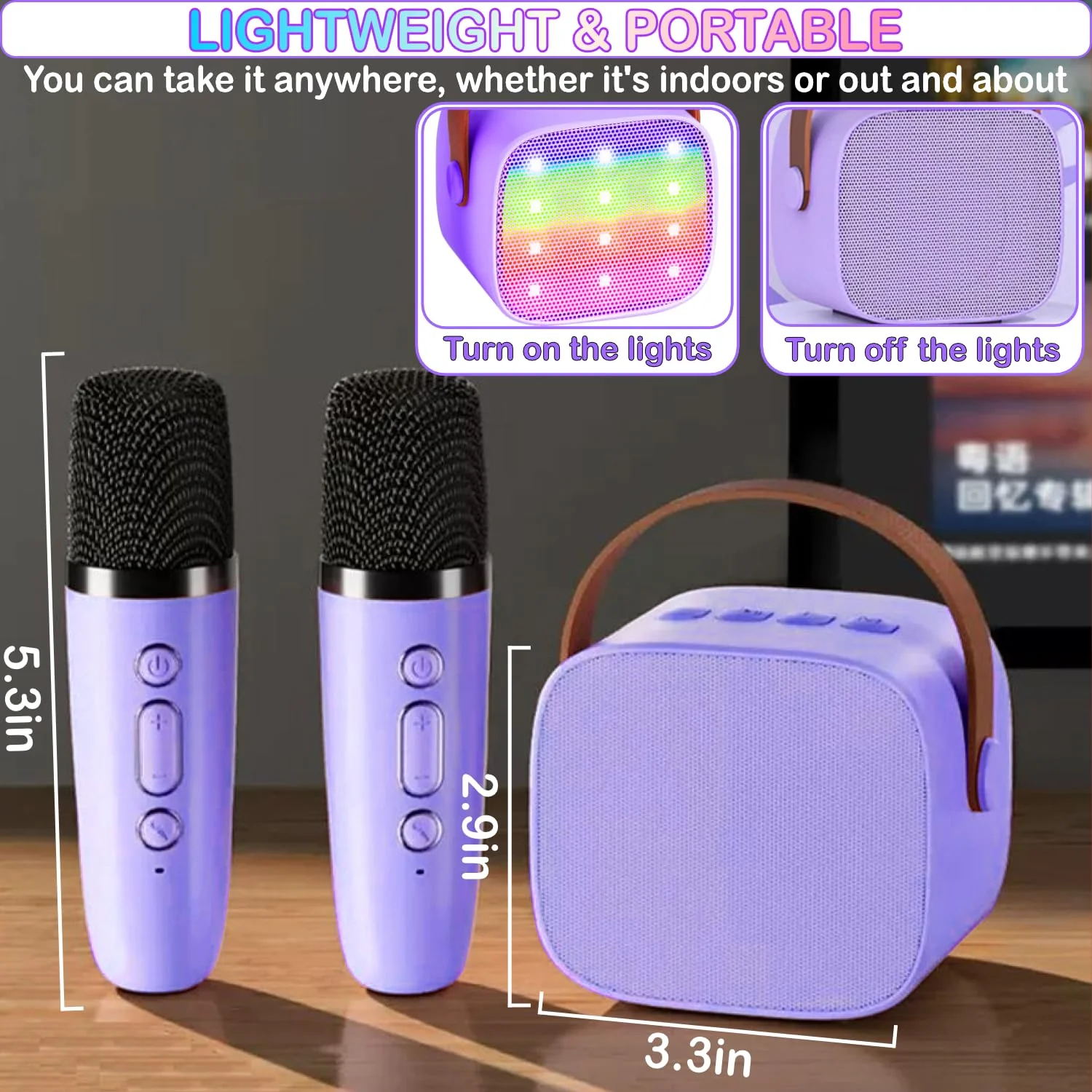 Portable Bluetooth Karaoke Speaker with 2 Wireless Microphones & LED Lights for Kids Birthday Parties K1-2MIC-PURPLE - Image 6