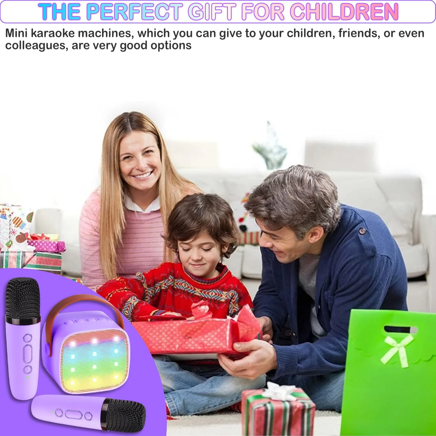 Portable Bluetooth Karaoke Speaker with 2 Wireless Microphones & LED Lights for Kids Birthday Parties K1-2MIC-PURPLE - Image 7