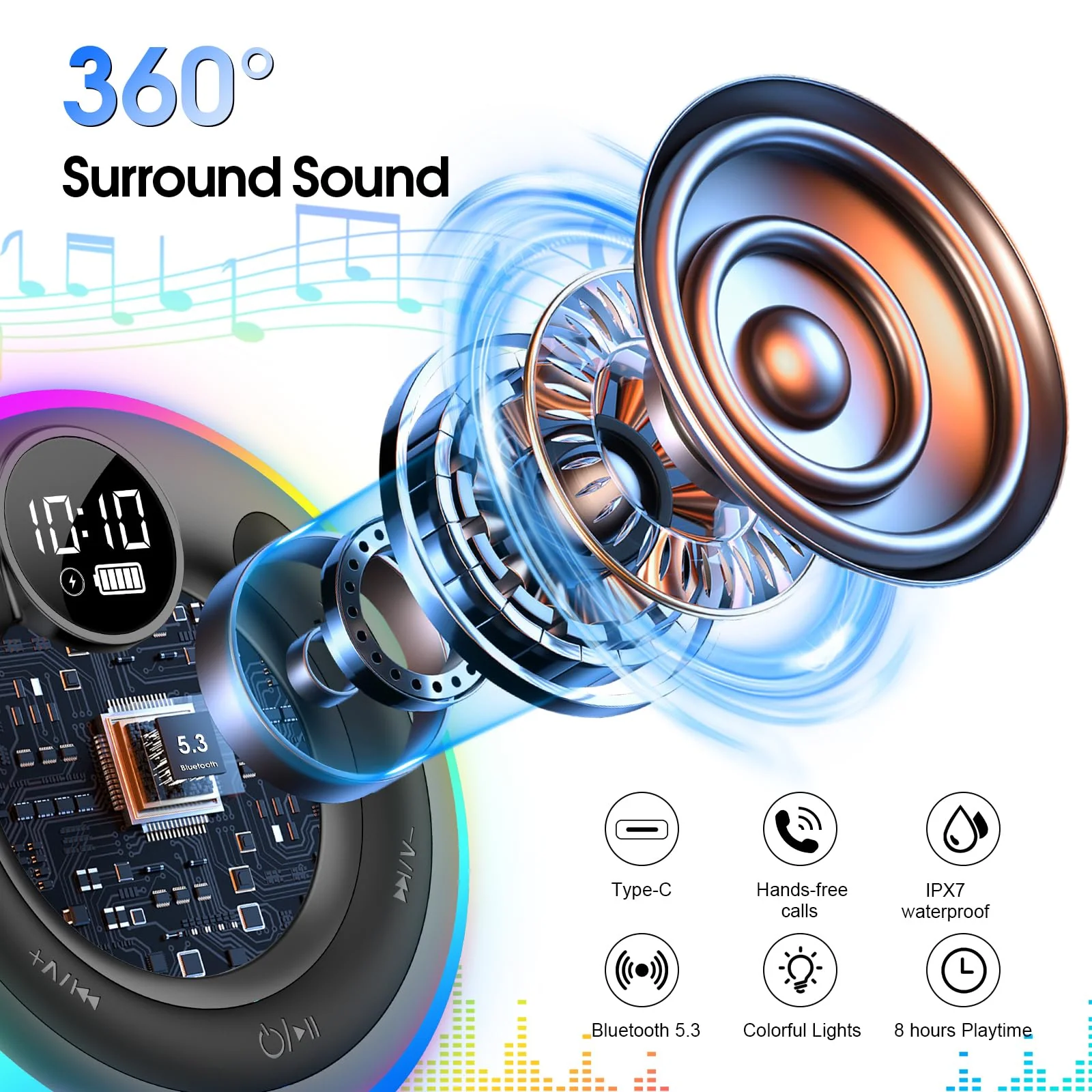 Portable Bluetooth Shower Speaker with Lights, Bluetooth 5.3, Small Wireless Speaker for Outdoor, Blue - Image 2