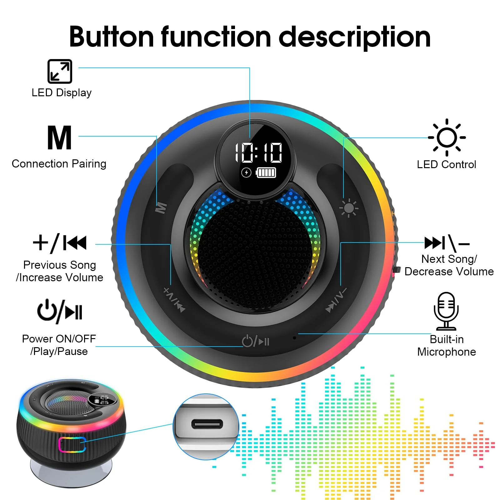 Portable Bluetooth Shower Speaker with Lights, Bluetooth 5.3, Small Wireless Speaker for Outdoor, Blue - Image 3