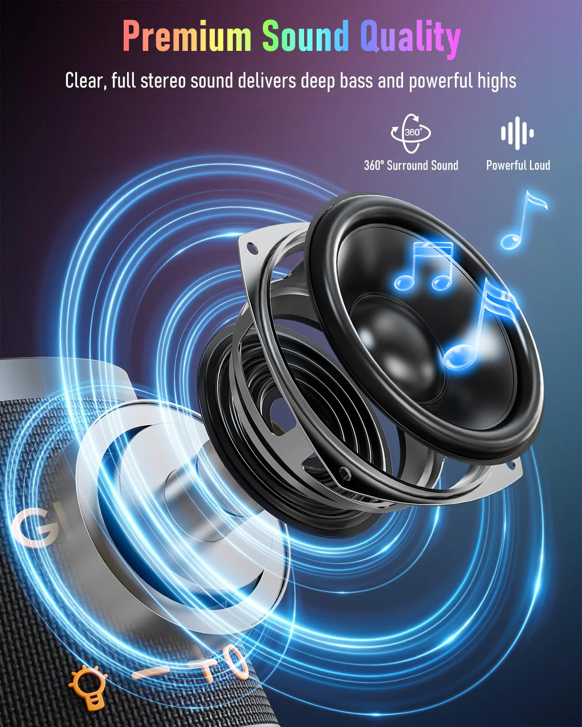 Portable Bluetooth Speaker Wireless with 9 Color Lights, 20H Playtime, Stereo Pairing, Deep Bass, IPX6 Waterproof, Bluetooth 5.3, Small Speaker for Home, Party, Outdoor, Camping, Beach, Gift Black - Image 2
