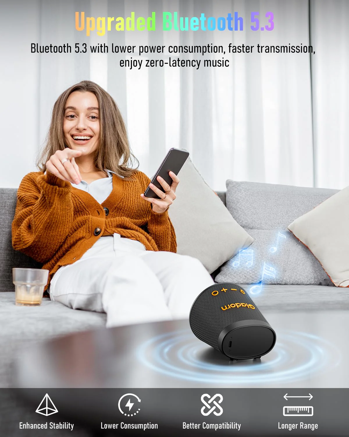 Portable Bluetooth Speaker Wireless with 9 Color Lights, 20H Playtime, Stereo Pairing, Deep Bass, IPX6 Waterproof, Bluetooth 5.3, Small Speaker for Home, Party, Outdoor, Camping, Beach, Gift Black - Image 6