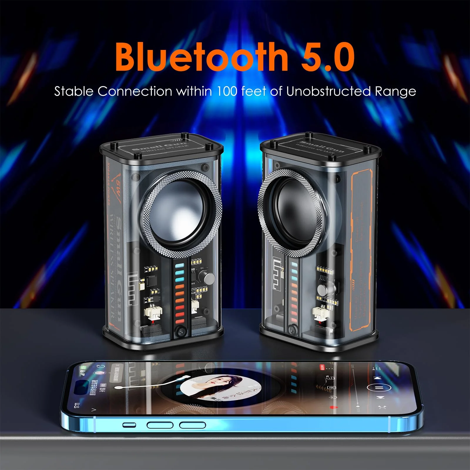 Portable Bluetooth Speaker with Lights, Transparent Wireless Mini Bluetooth Speaker with TWS, Perfect Small Speaker HD Sound and Bass for Office, Home, Shower, Room, Bike, Car (Black) Black - Image 3