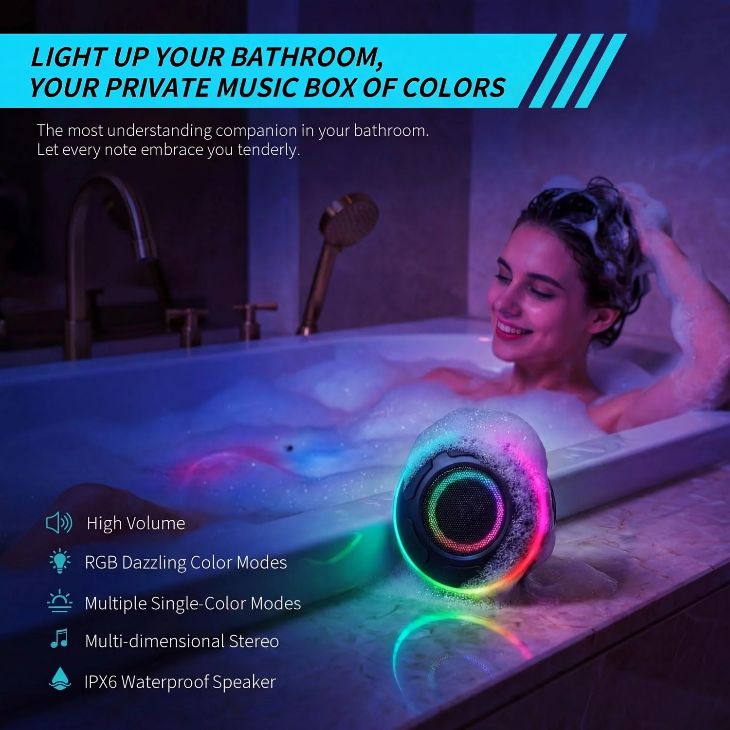 Portable Bluetooth Speaker with vibrant led lights, IPX6 Waterproof, Loud Stereo Sound,Hands-Free Calling/Radio, for Shower, Beach, Outdoors, Over 10 H Playtime, Mini/Small, Suction Cup & Hook - Image 2