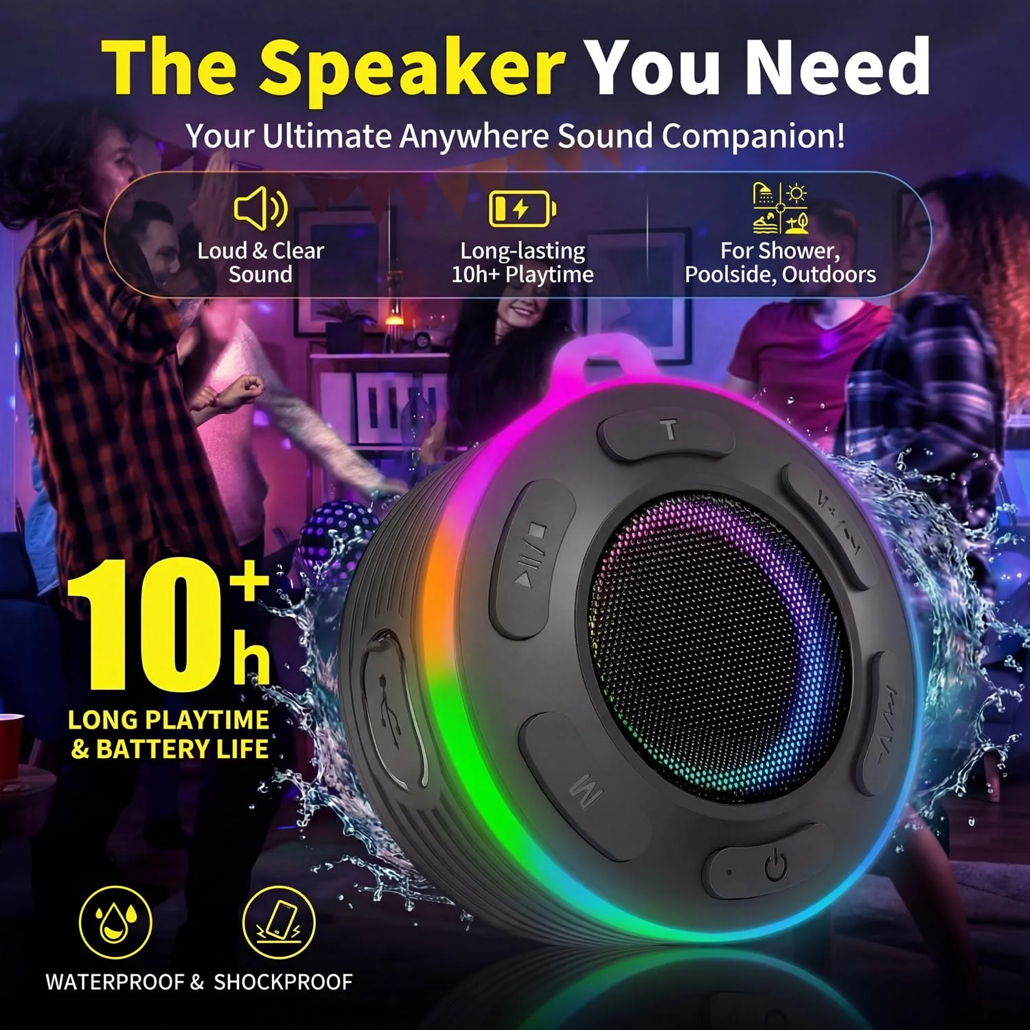 Portable Bluetooth Speaker with vibrant led lights, IPX6 Waterproof, Loud Stereo Sound,Hands-Free Calling/Radio, for Shower, Beach, Outdoors, Over 10 H Playtime, Mini/Small, Suction Cup & Hook - Image 3