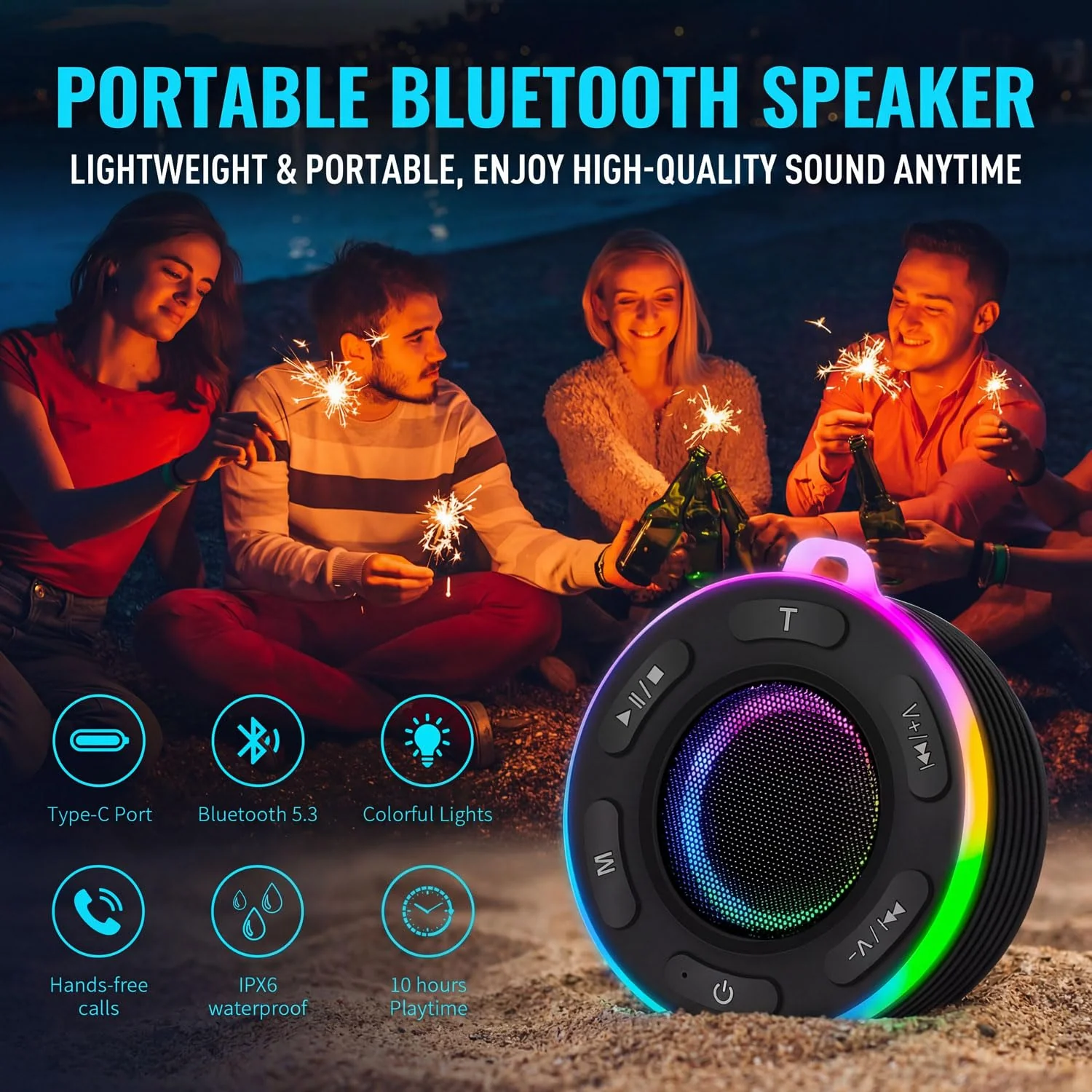 Portable Bluetooth Speaker with vibrant led lights, IPX6 Waterproof, Loud Stereo Sound,Hands-Free Calling/Radio, for Shower, Beach, Outdoors, Over 10 H Playtime, Mini/Small, Suction Cup & Hook - Image 4